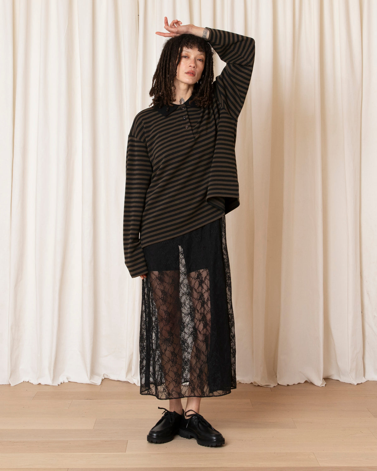 STRIPED POLO PULLOVER - OLIVE/BLACK STRIPE