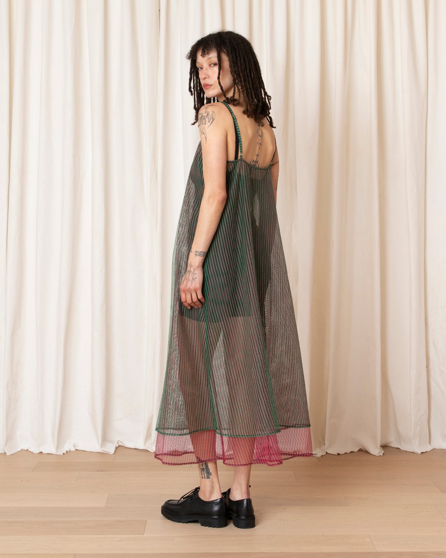 LAYERED SQUARE NECK FULL DRESS - GREEN/PINK CHECK