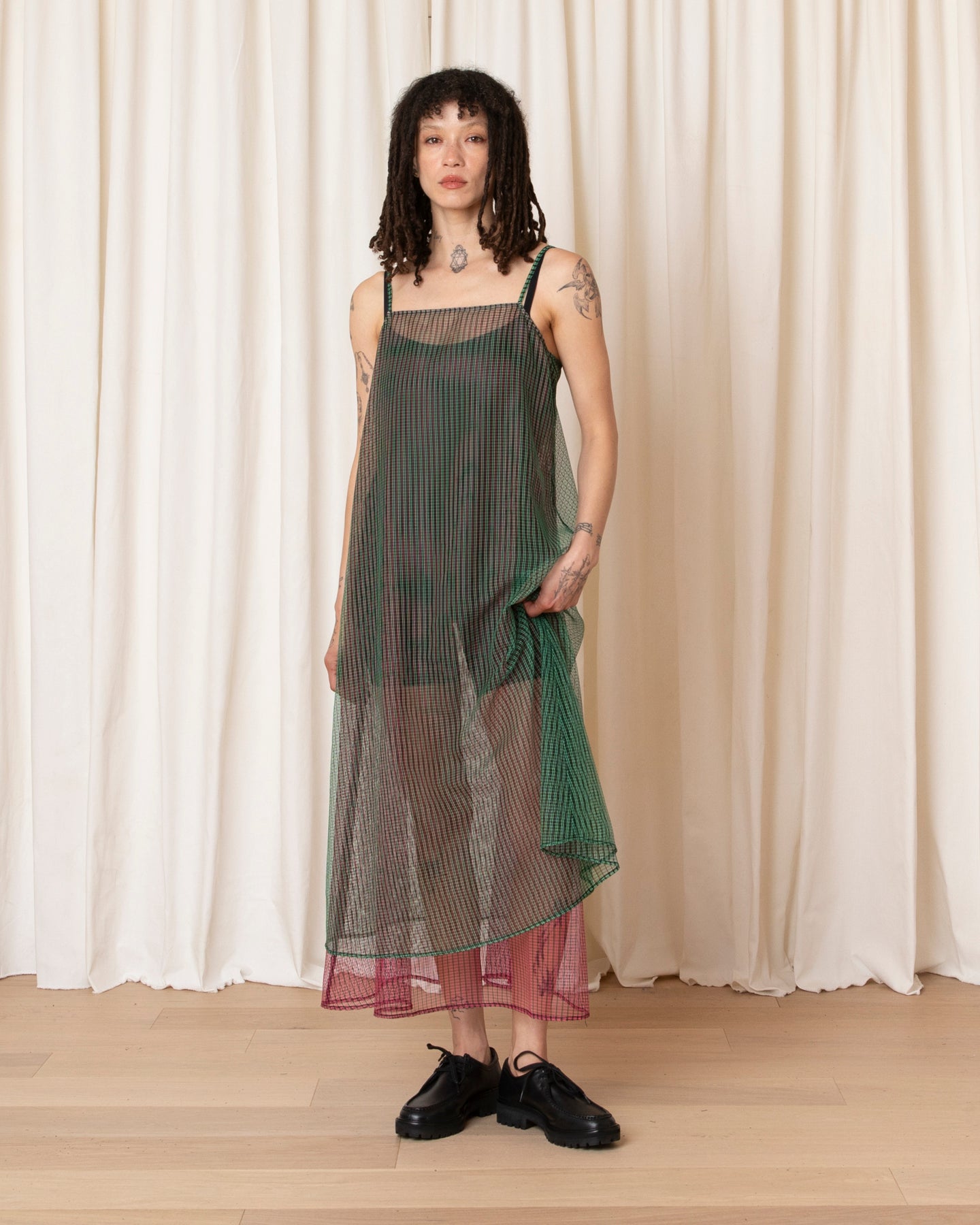 LAYERED SQUARE NECK FULL DRESS - GREEN/PINK CHECK
