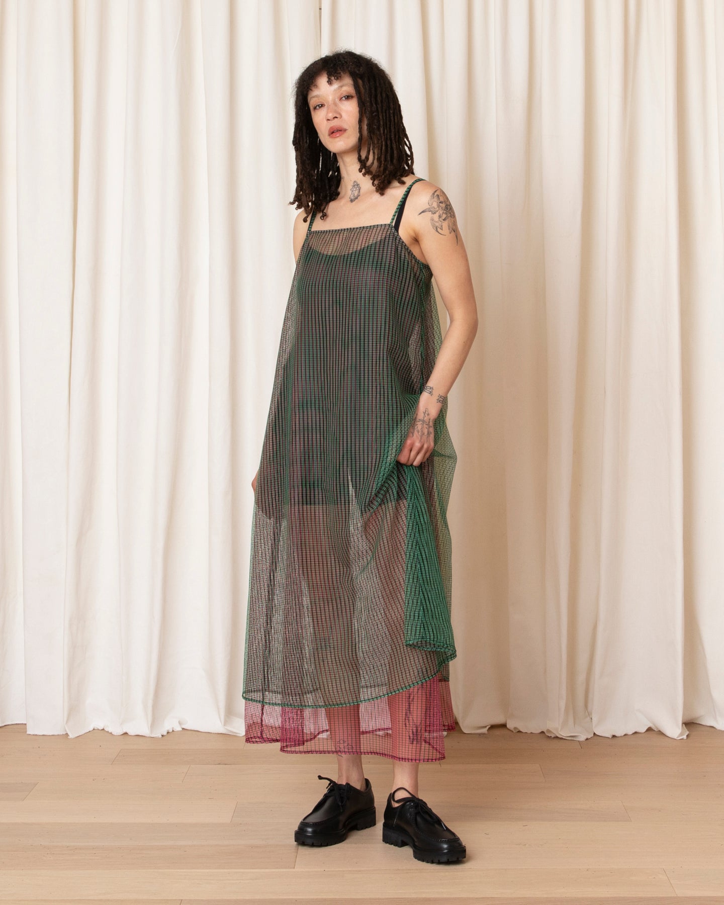 LAYERED SQUARE NECK FULL DRESS - GREEN/PINK CHECK