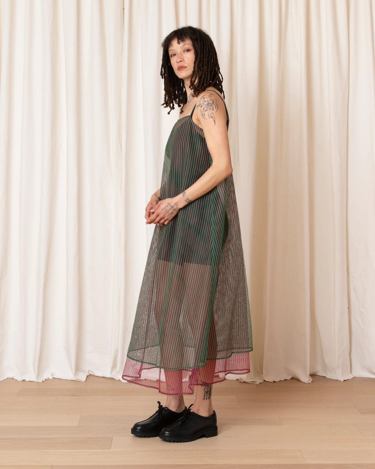 LAYERED SQUARE NECK FULL DRESS - GREEN/PINK CHECK
