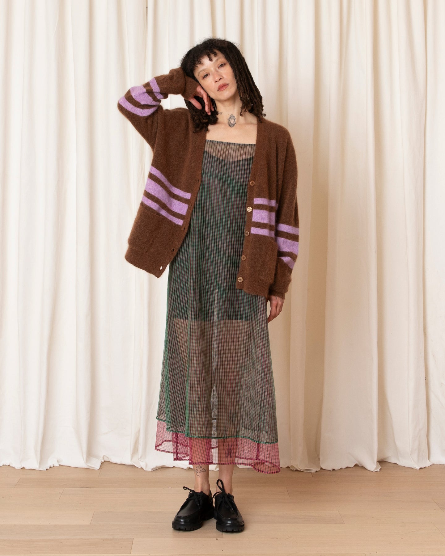 LAYERED SQUARE NECK FULL DRESS - GREEN/PINK CHECK