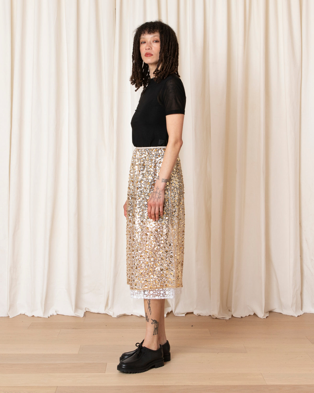 LAYERED SEQUIN MIDI SKIRT - GOLD/WHITE