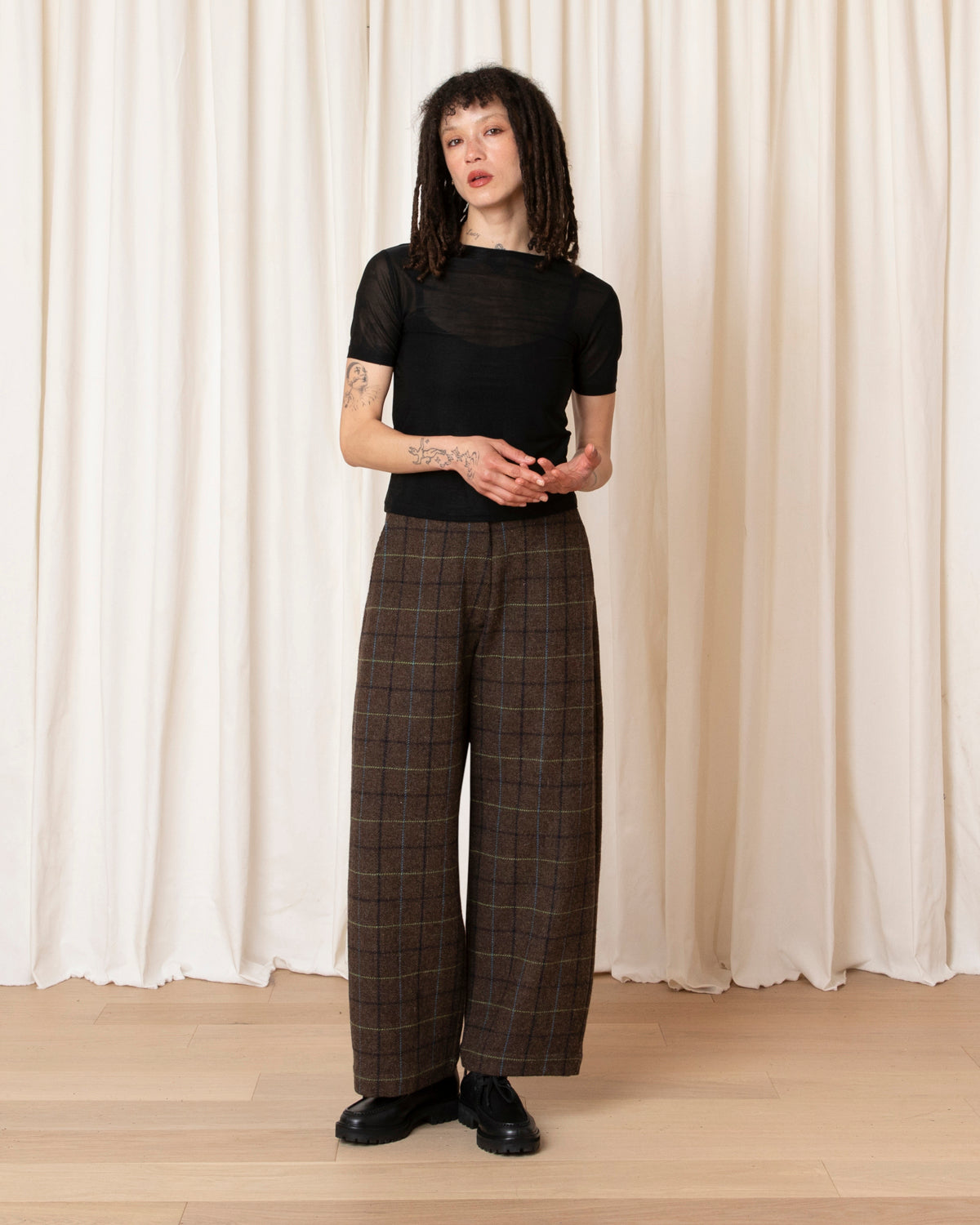 WOOL LOOSE BARREL PANT - TAUPE MULTICOLOR PLAID