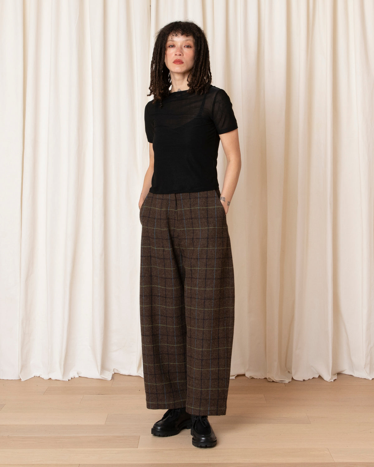 WOOL LOOSE BARREL PANT - TAUPE MULTICOLOR PLAID