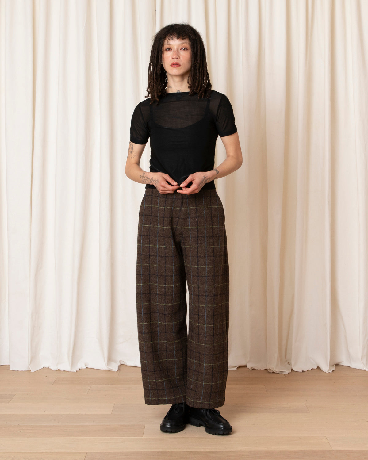 WOOL LOOSE BARREL PANT - TAUPE MULTICOLOR PLAID
