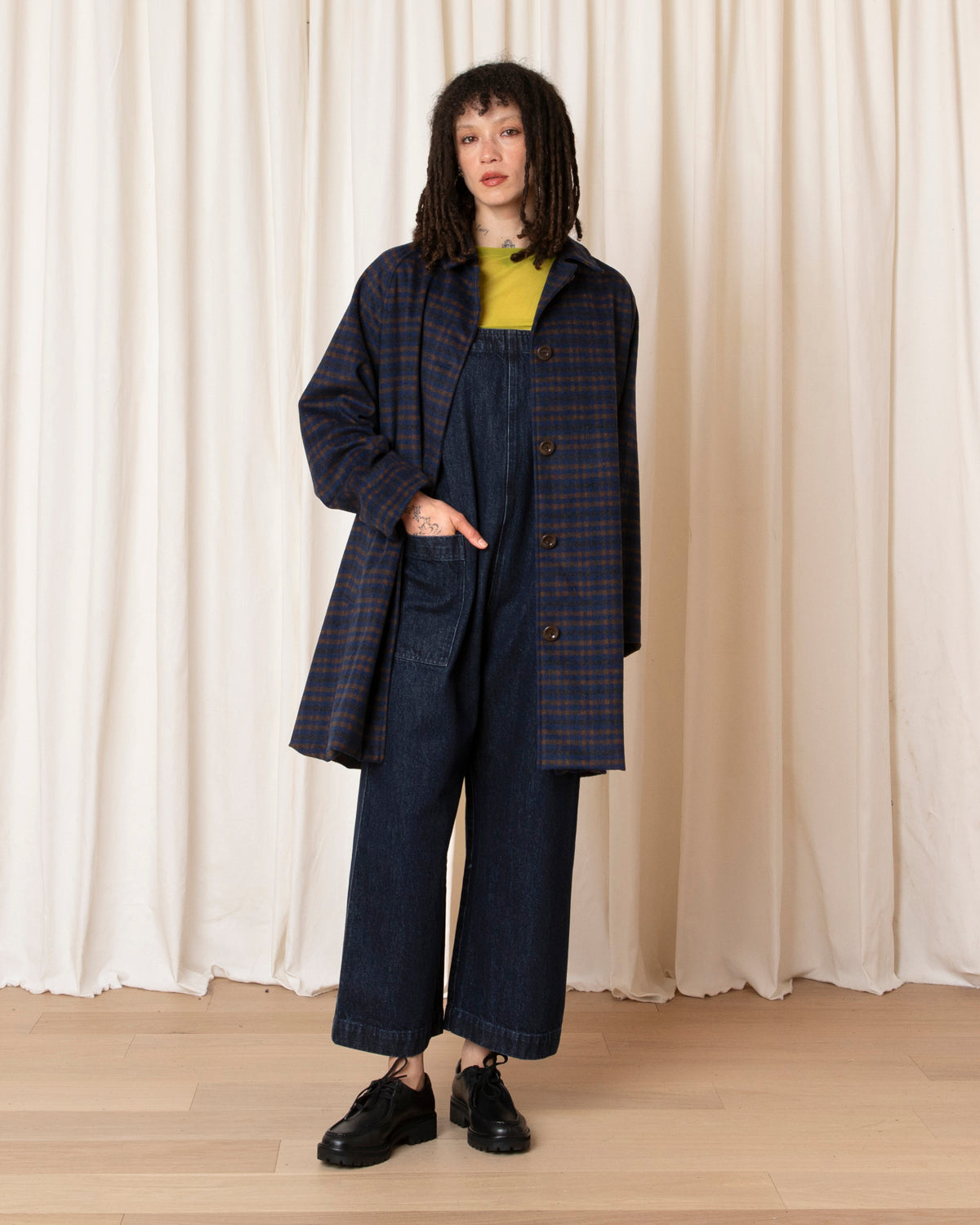 SHORT WOOL TRENCH - COPPER/BLUE PLAID
