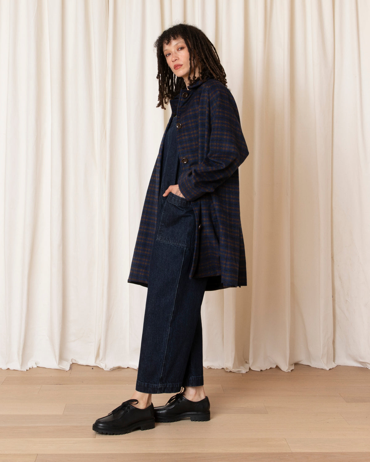 SHORT WOOL TRENCH - COPPER/BLUE PLAID