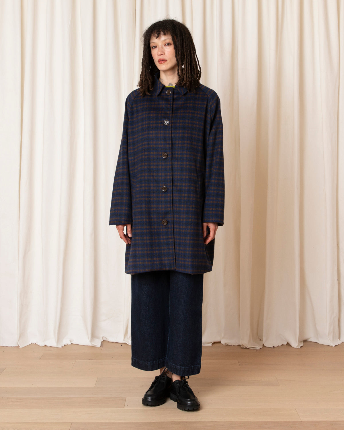 SHORT WOOL TRENCH - COPPER/BLUE PLAID