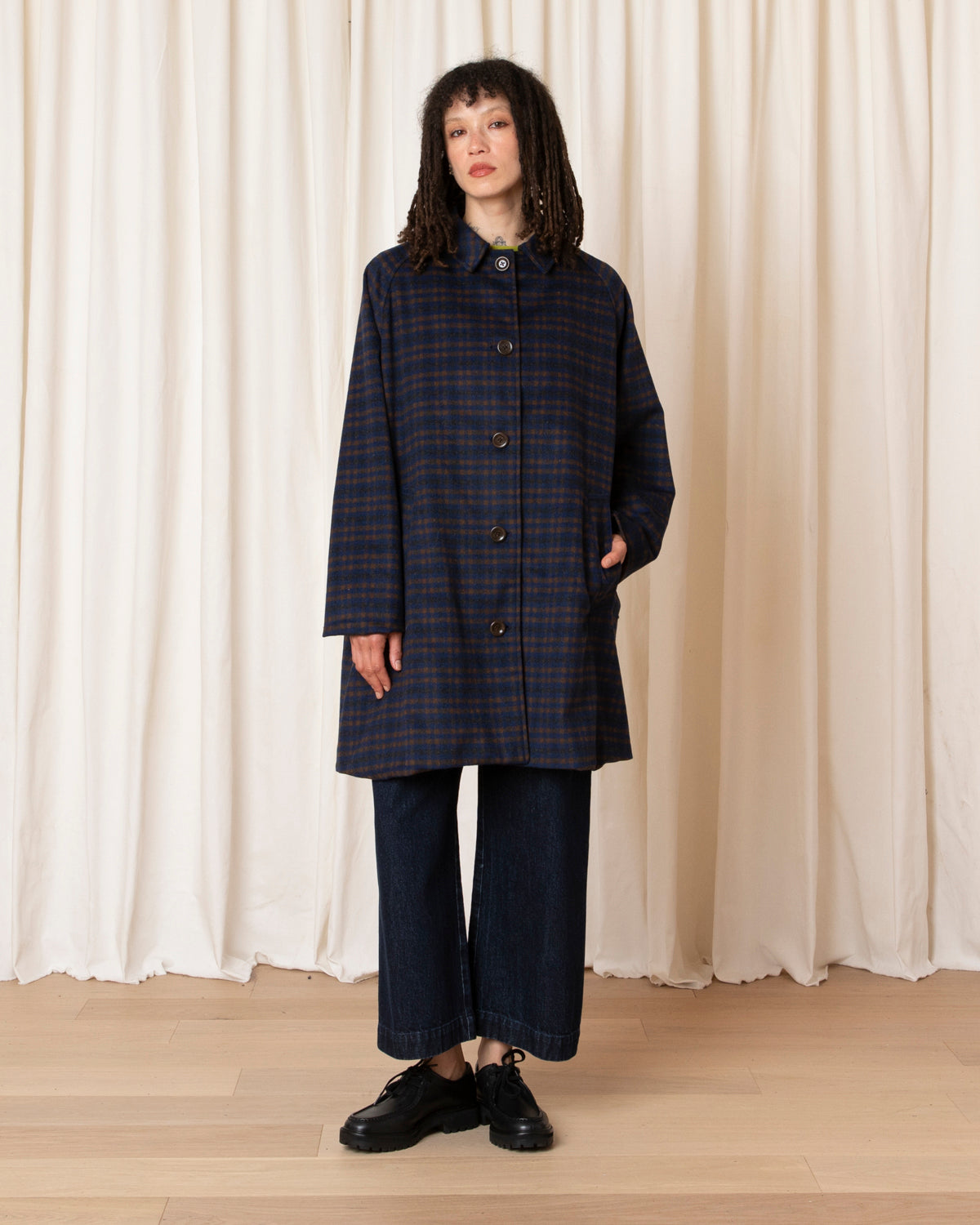 SHORT WOOL TRENCH - COPPER/BLUE PLAID