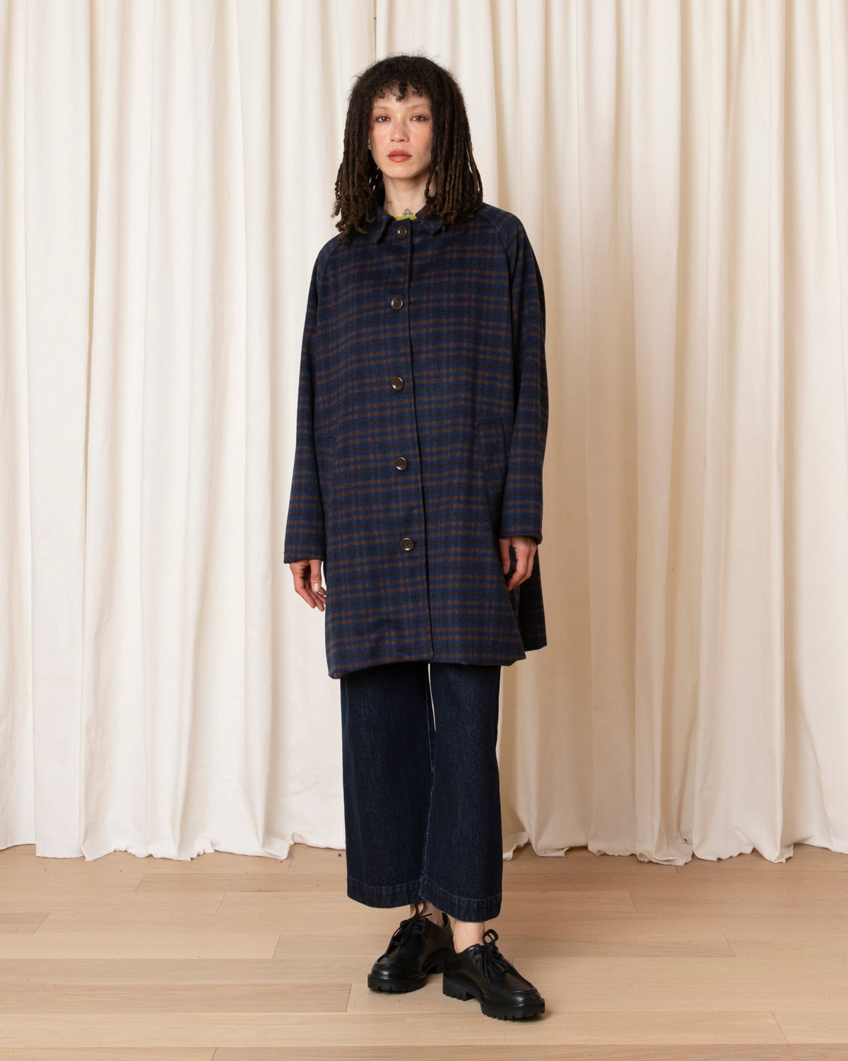 SHORT WOOL TRENCH - COPPER/BLUE PLAID