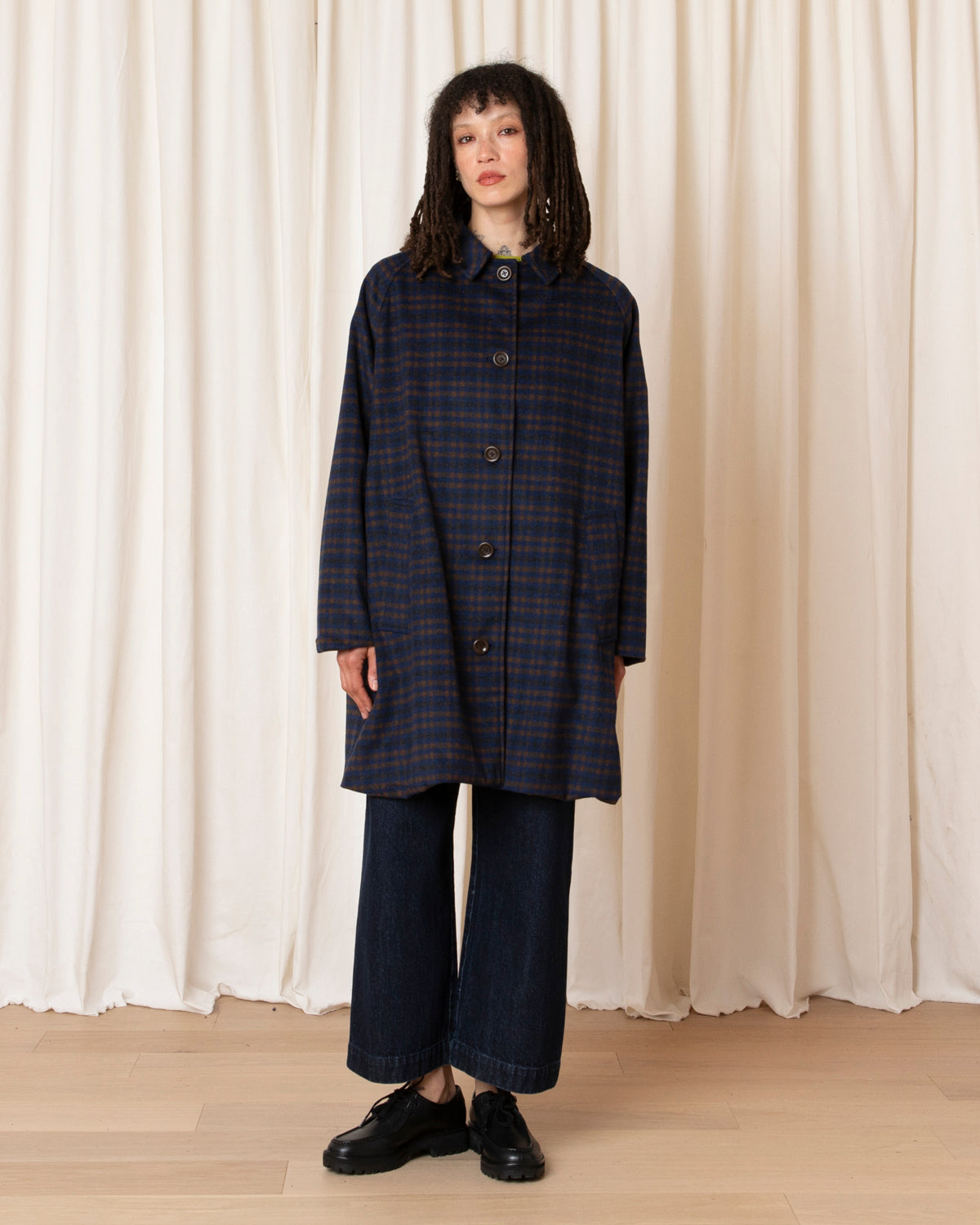 SHORT WOOL TRENCH - COPPER/BLUE PLAID