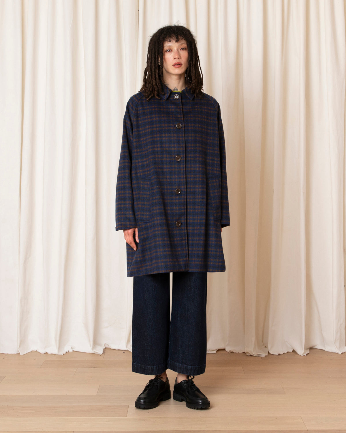 SHORT WOOL TRENCH - COPPER/BLUE PLAID