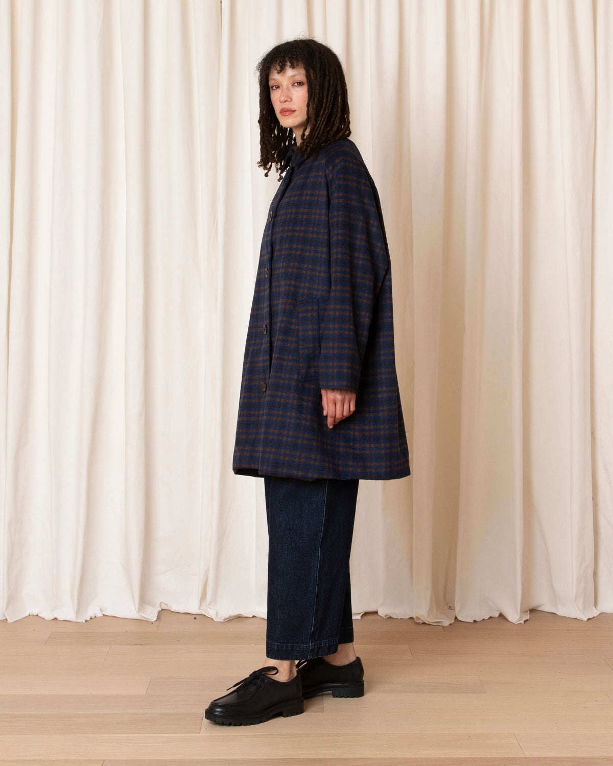 SHORT WOOL TRENCH - COPPER/BLUE PLAID