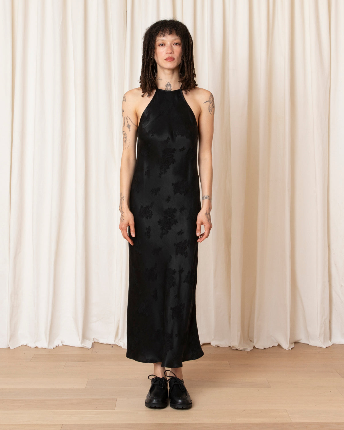 HIGH NECK BIAS DRESS - BLACK JACQUARD