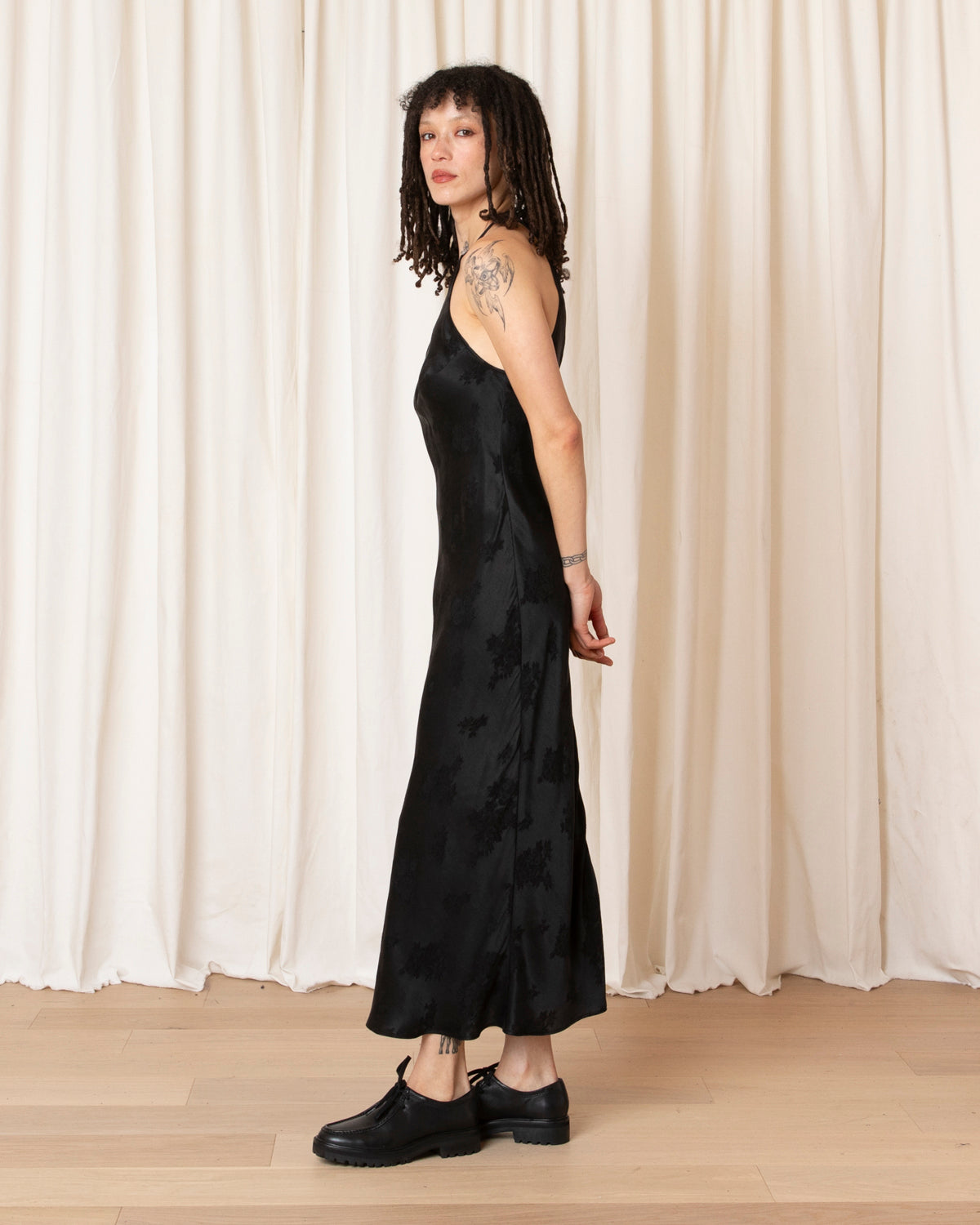 HIGH NECK BIAS DRESS - BLACK JACQUARD