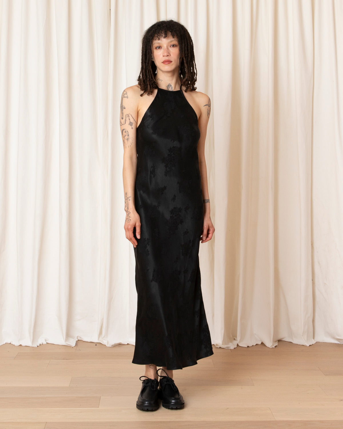 HIGH NECK BIAS DRESS - BLACK JACQUARD