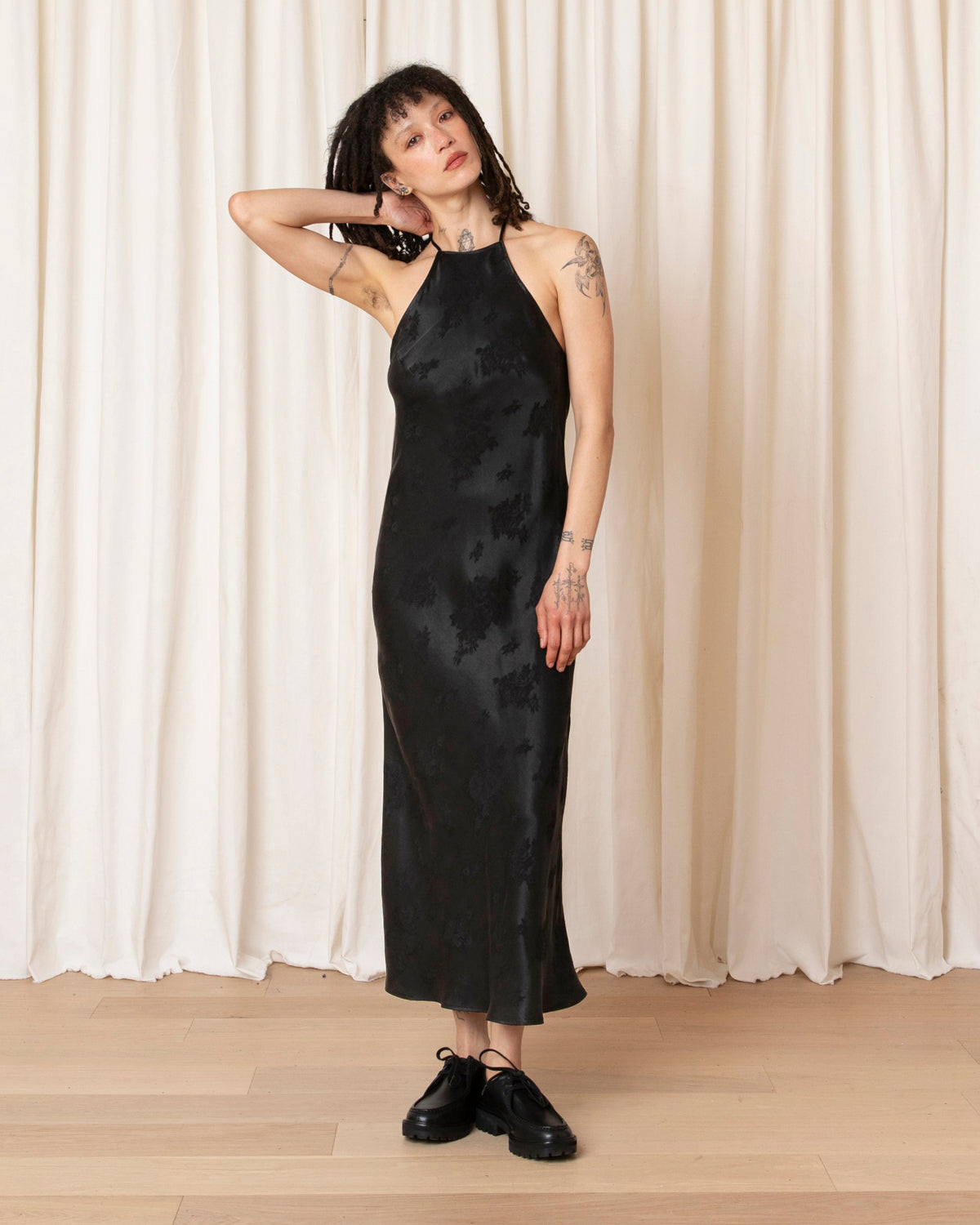 HIGH NECK BIAS DRESS - BLACK JACQUARD