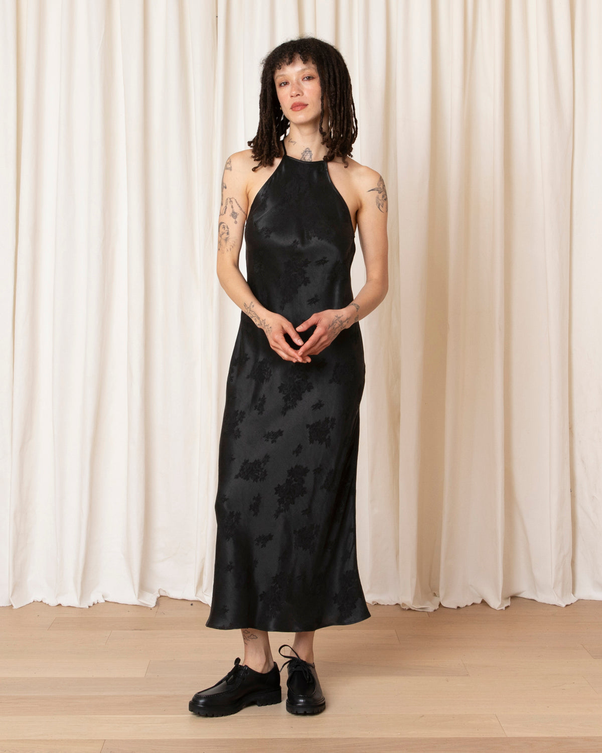 HIGH NECK BIAS DRESS - BLACK JACQUARD