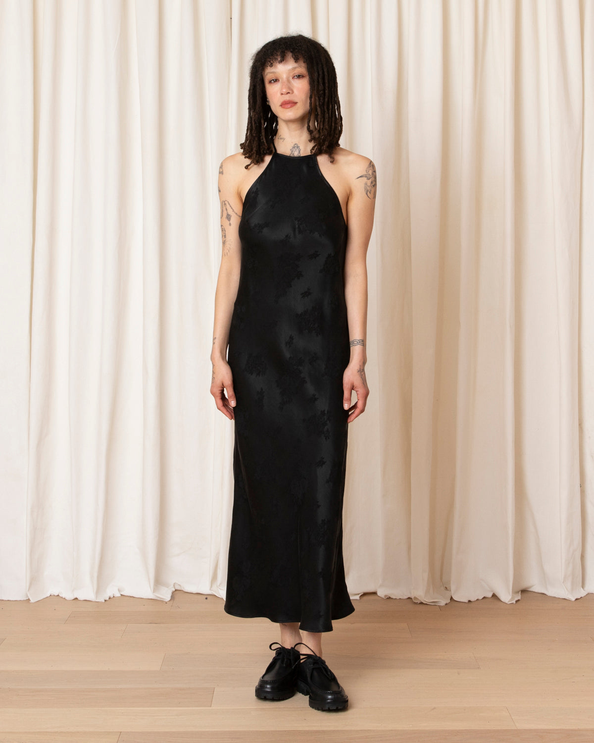 HIGH NECK BIAS DRESS - BLACK JACQUARD