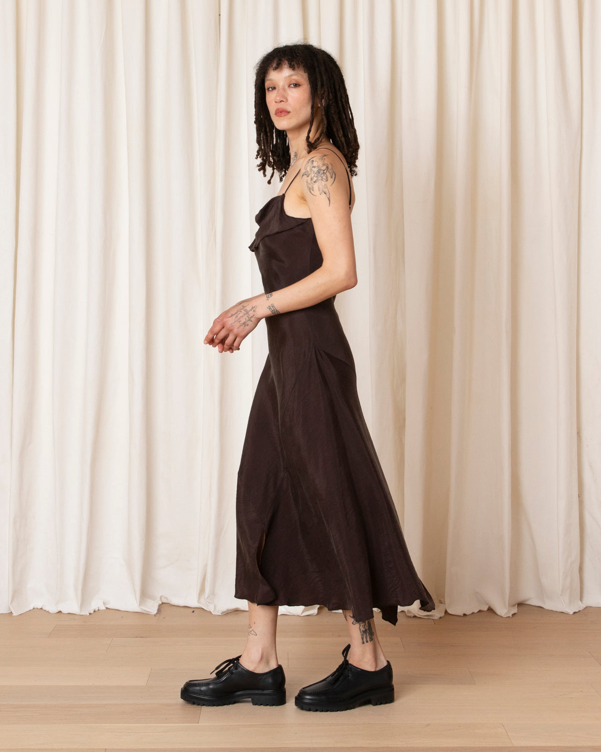 ASYMMETRICAL TANK DRESS - SUEDED BROWN