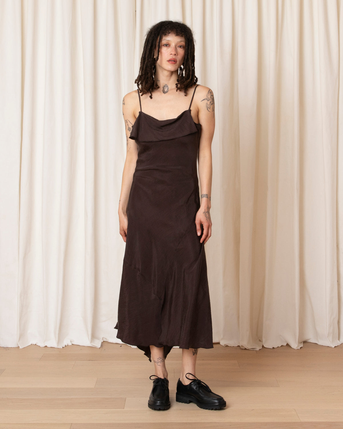 ASYMMETRICAL TANK DRESS - SUEDED BROWN