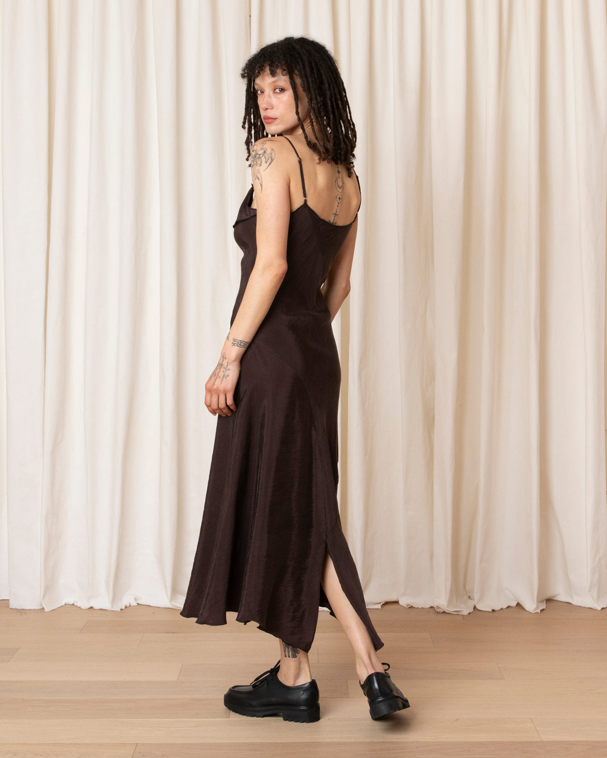 ASYMMETRICAL TANK DRESS - SUEDED BROWN
