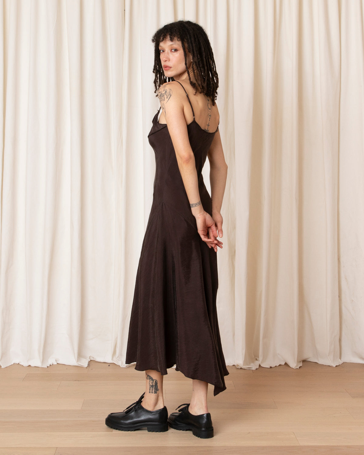 ASYMMETRICAL TANK DRESS - SUEDED BROWN