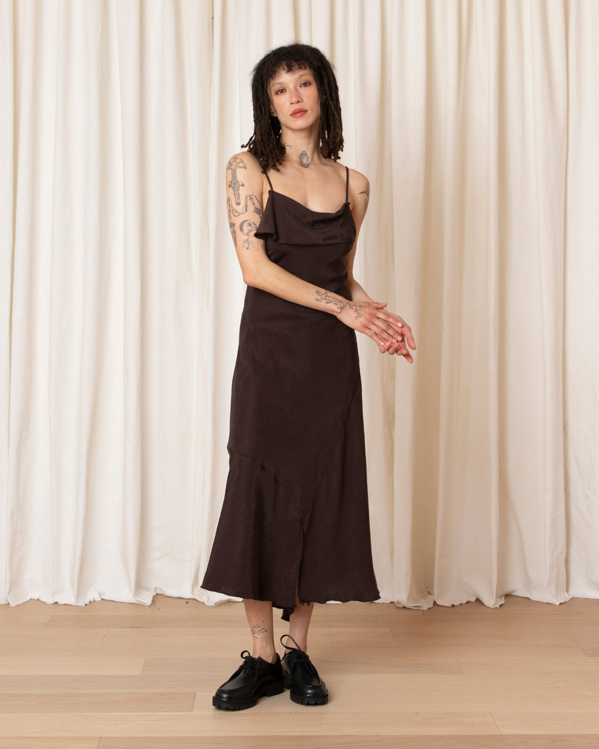 ASYMMETRICAL TANK DRESS - SUEDED BROWN