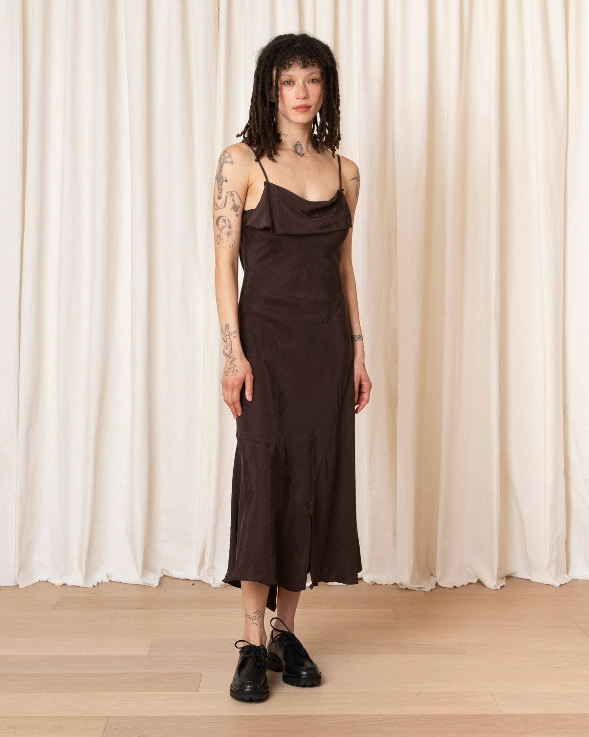 ASYMMETRICAL TANK DRESS - SUEDED BROWN