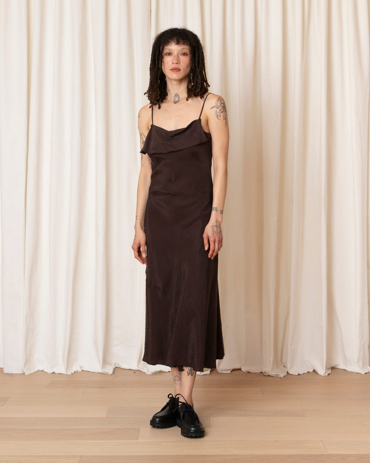ASYMMETRICAL TANK DRESS - SUEDED BROWN