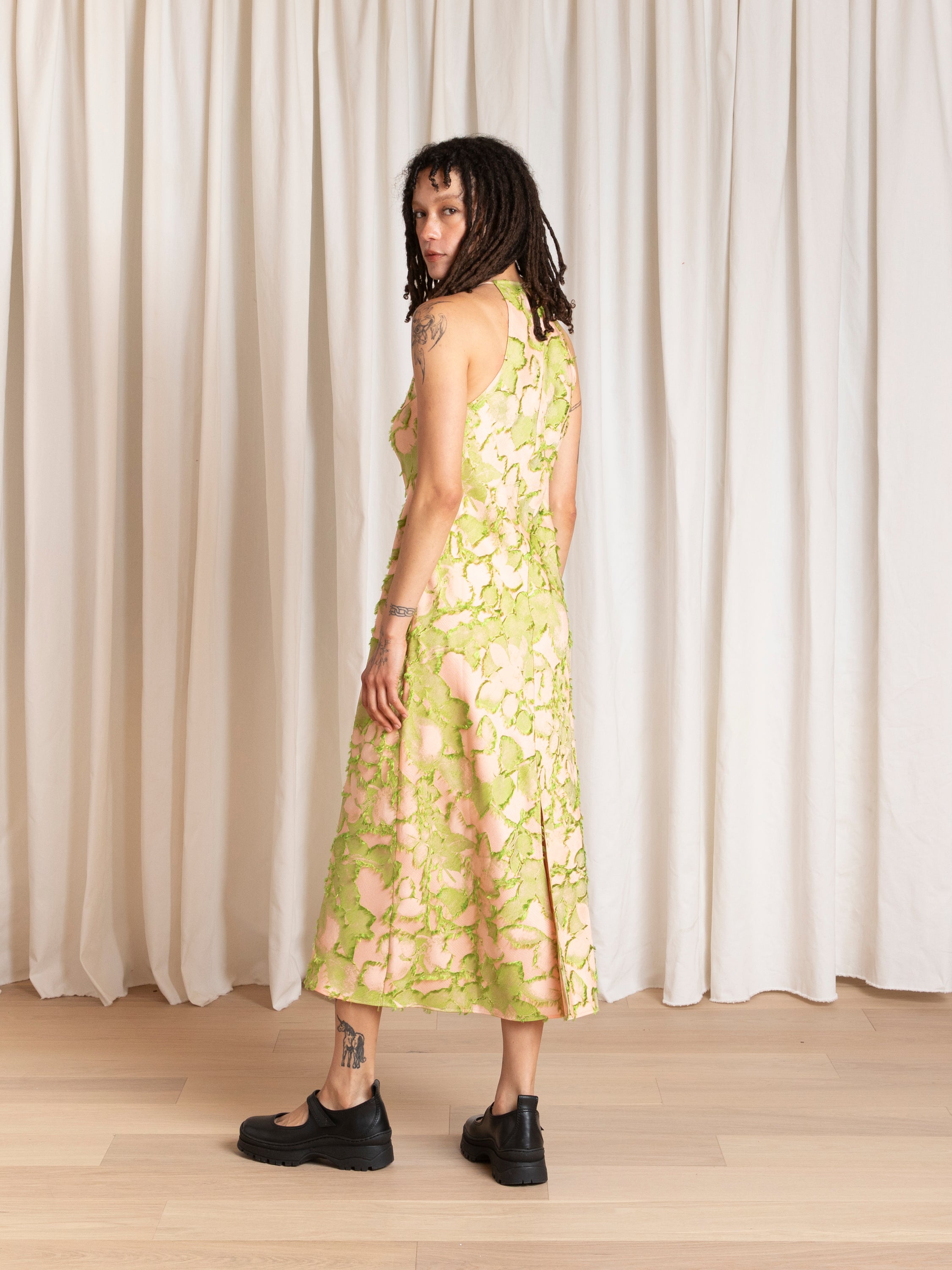 HIGH NECK BIAS DRESS - PINK/LIME