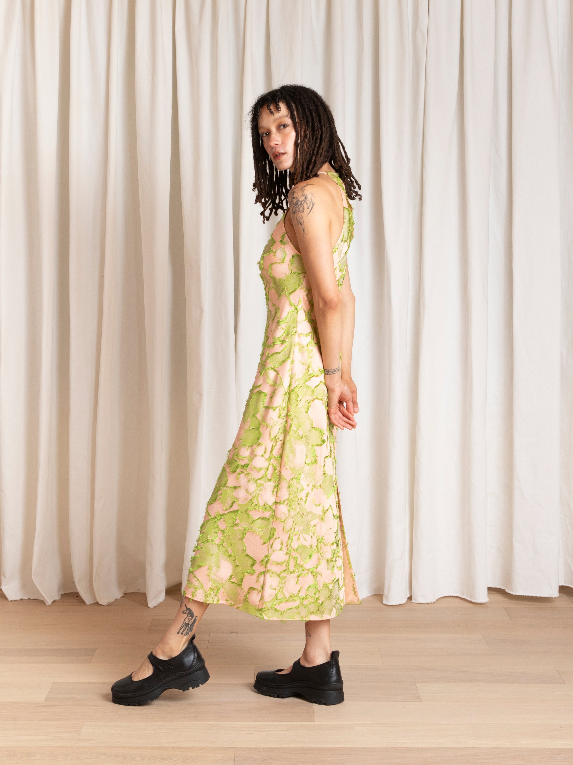 HIGH NECK BIAS DRESS - PINK/LIME