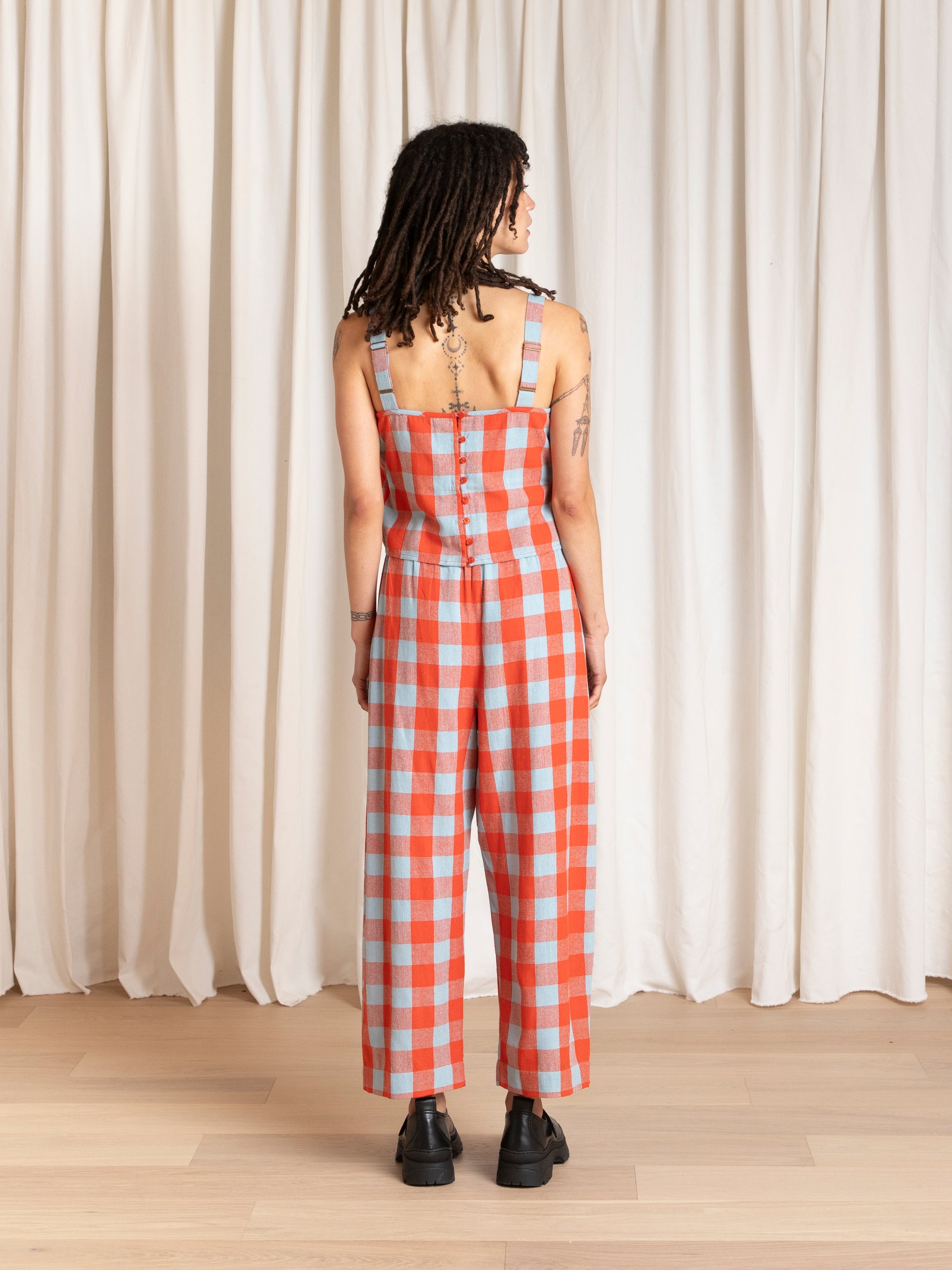 BUTTON BACK TANK - LIGHT GREEN & LIGHT PINK PLAID