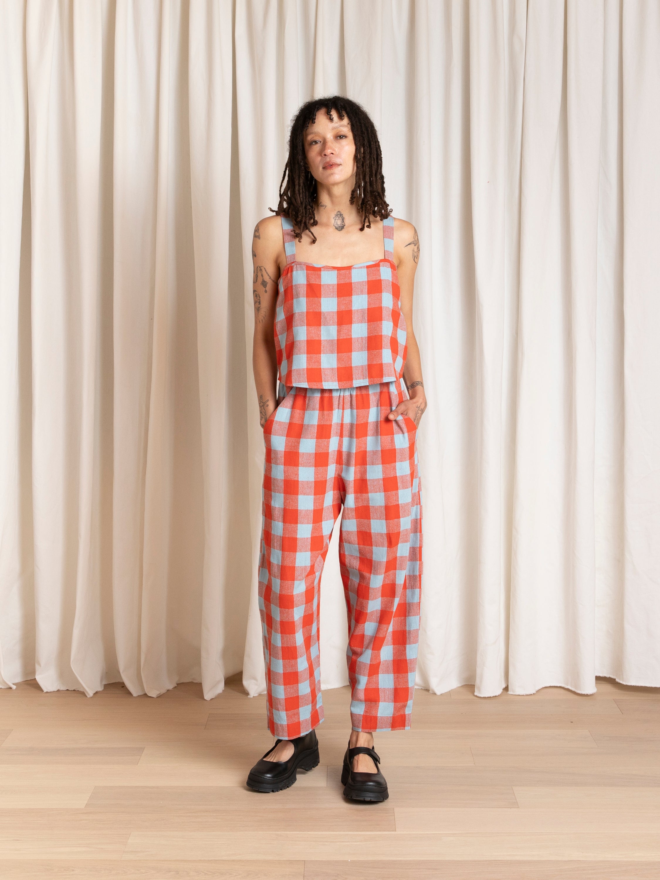 BUTTON BACK TANK - LIGHT GREEN & LIGHT PINK PLAID