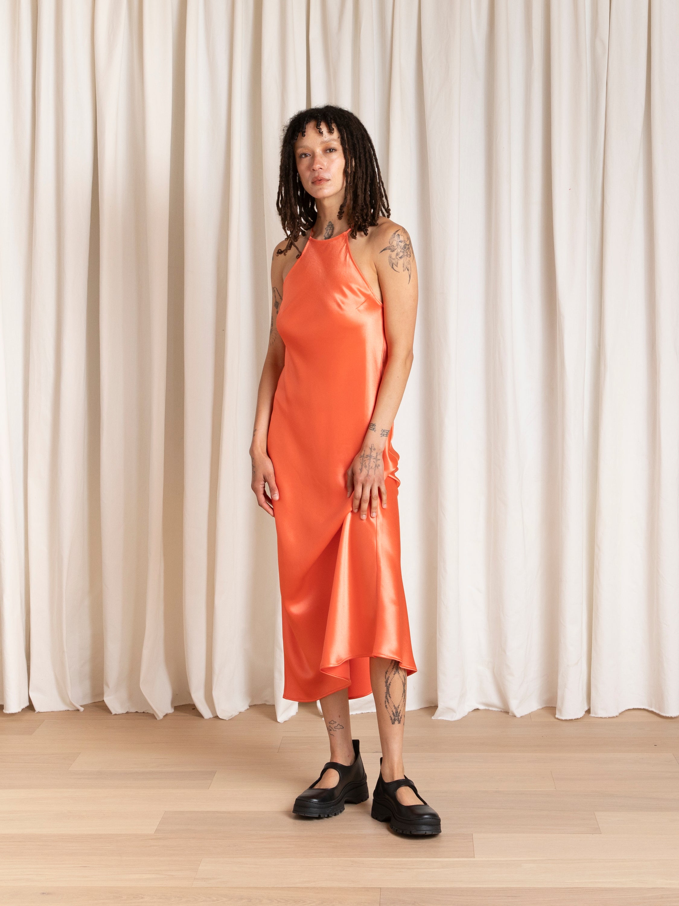 HIGH NECK BIAS DRESS - NEON ORANGE