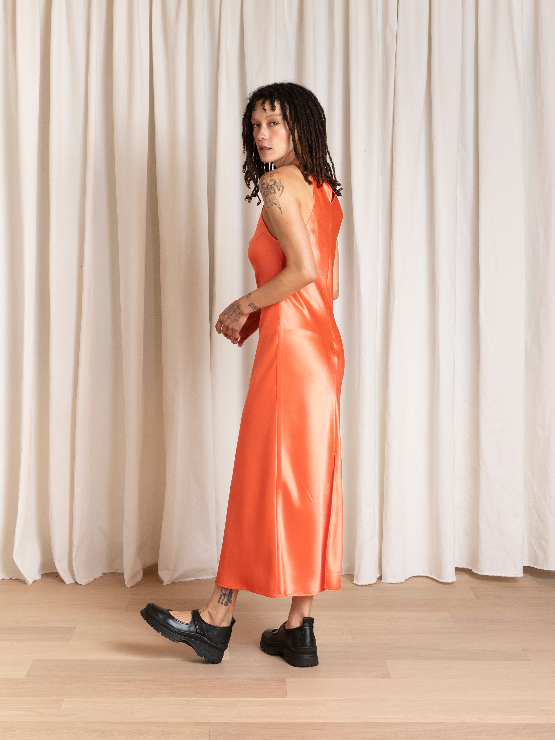 HIGH NECK BIAS DRESS - NEON ORANGE