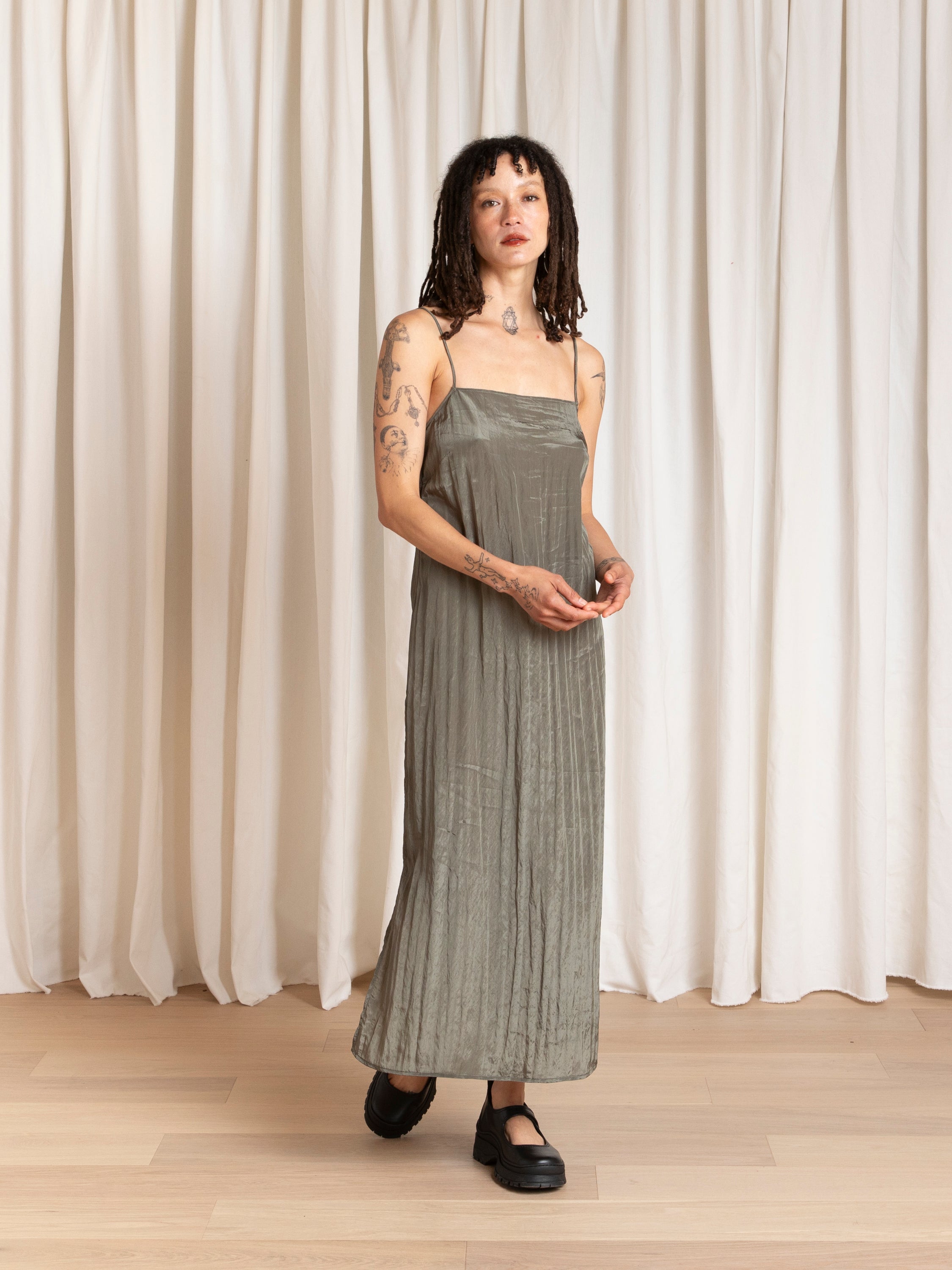 SQUARE NECK SLIP DRESS - SAGE