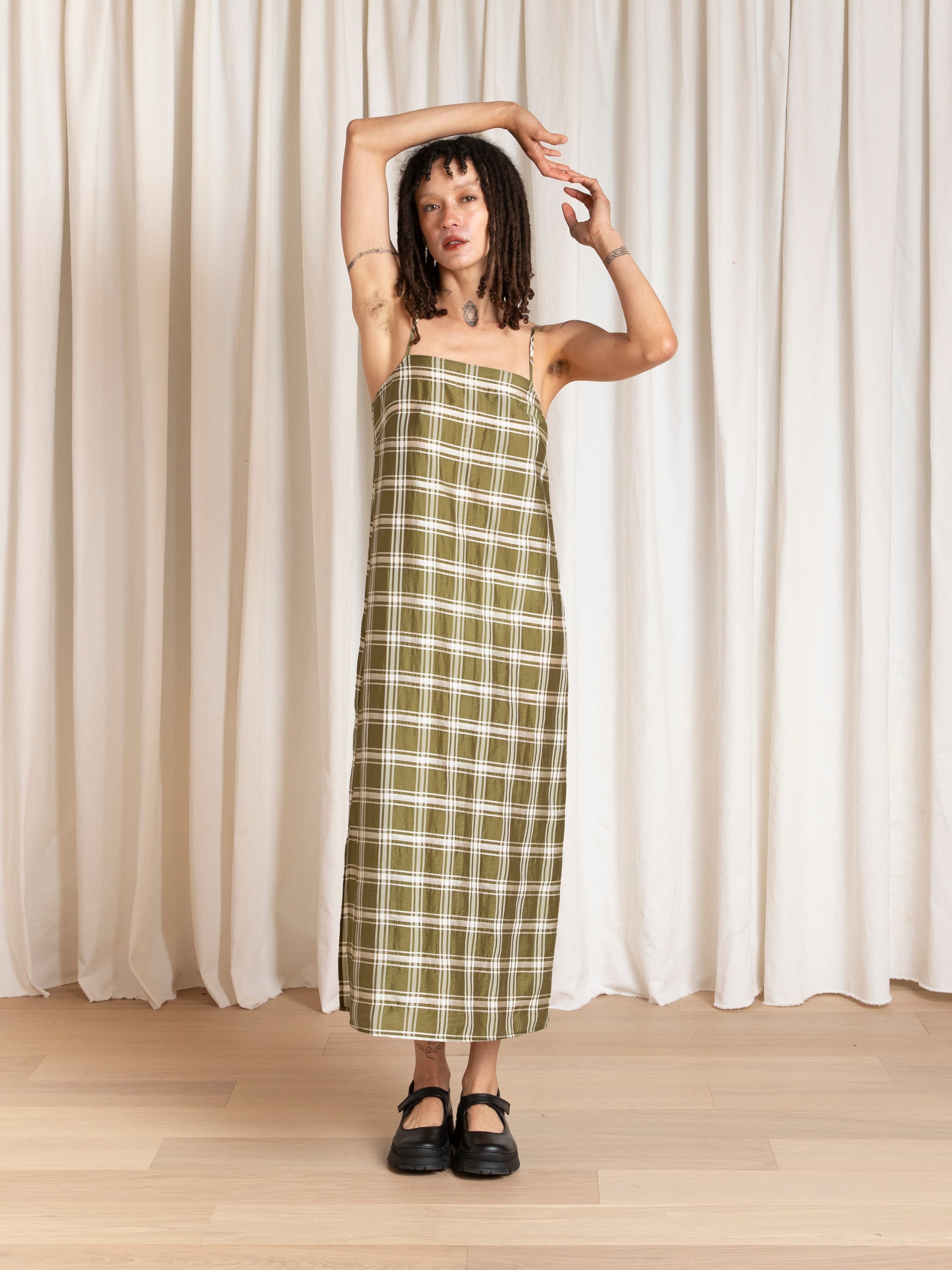 SQUARE NECK SLIP DRESS - OLIVE PLAID