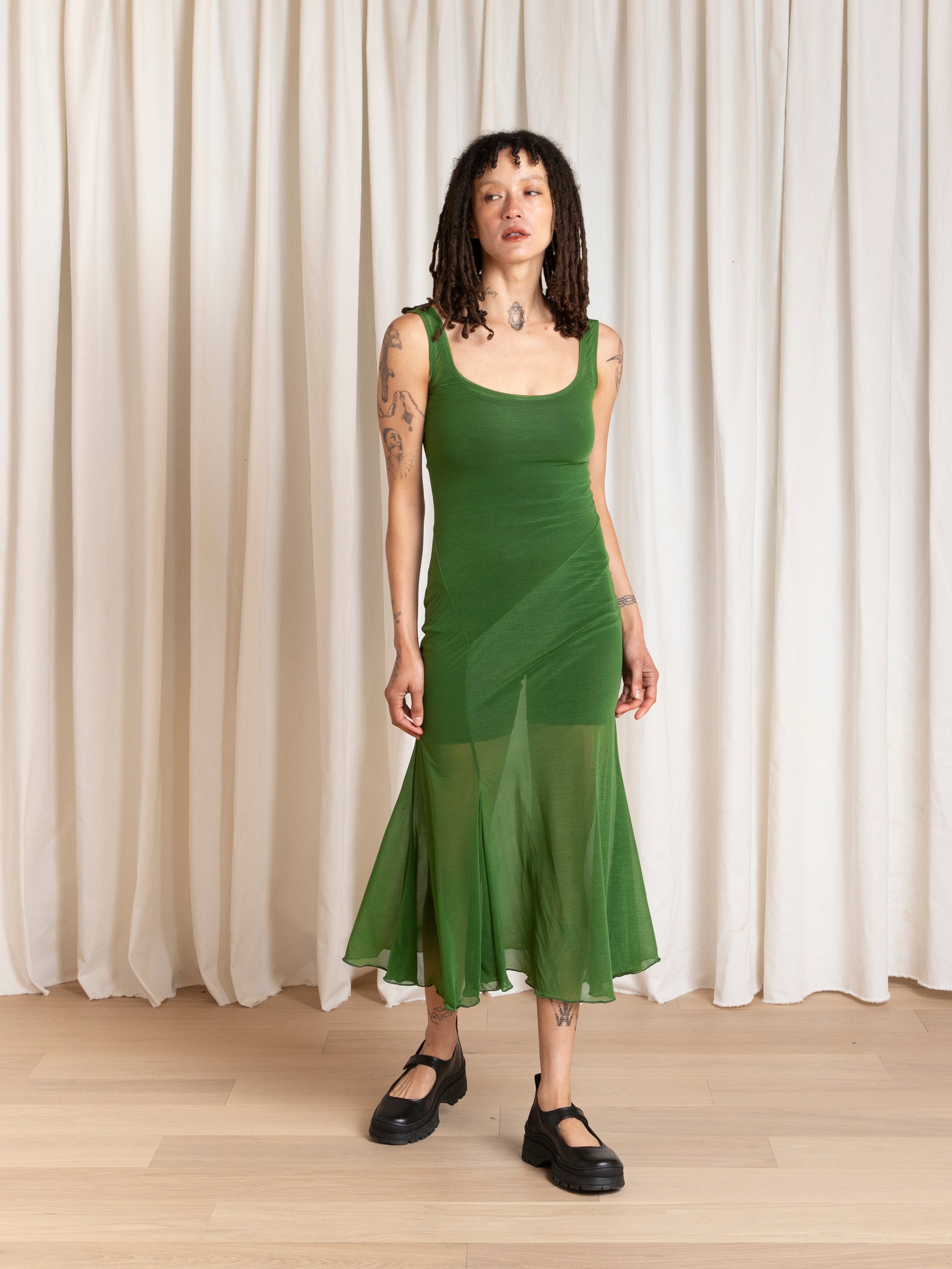 TANK DRESS W/ ASYMMETRICAL HEM - GRASS GREEN