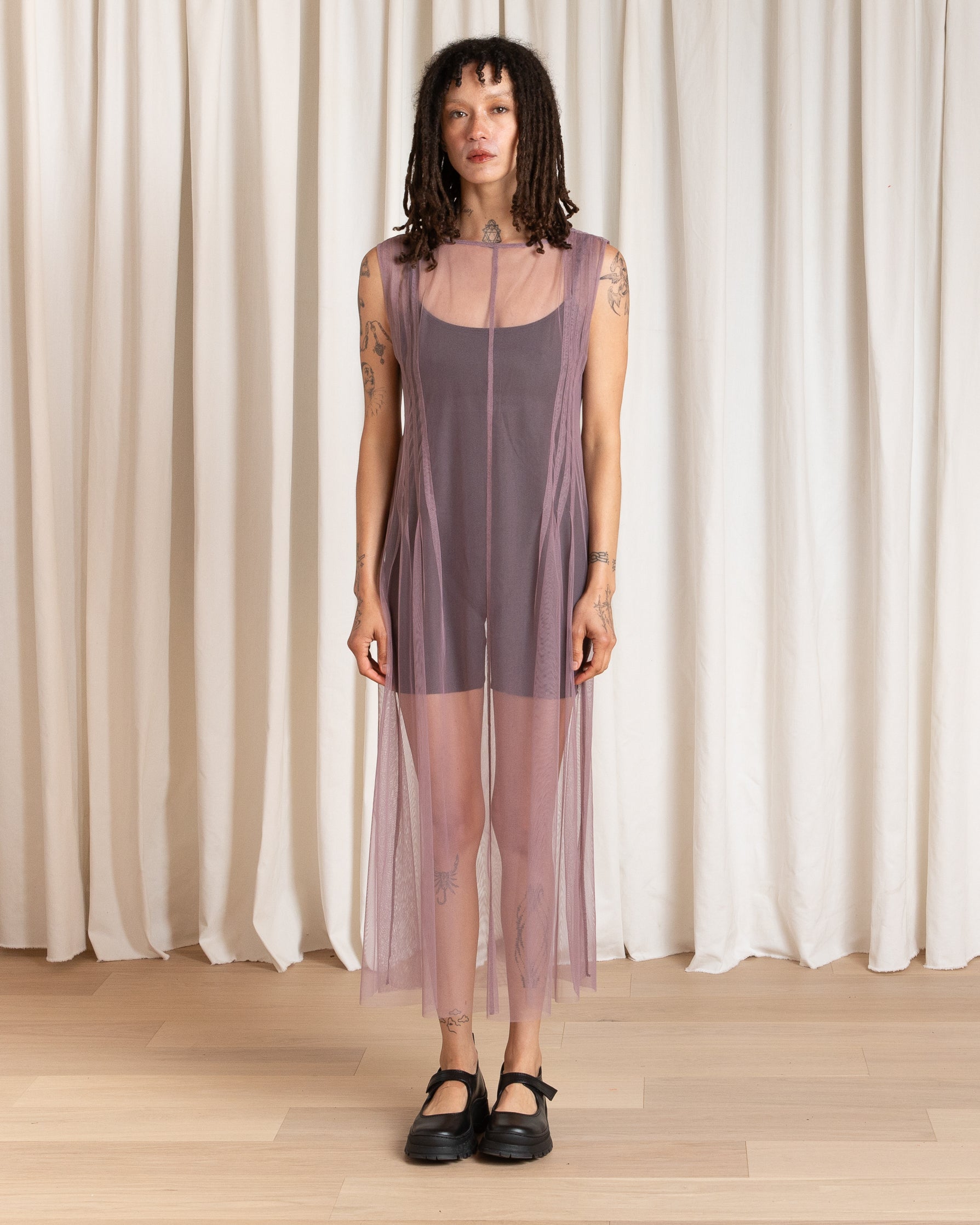 SAMPLE - PLEATED MESH HIGH NECK DRESS - BLACK