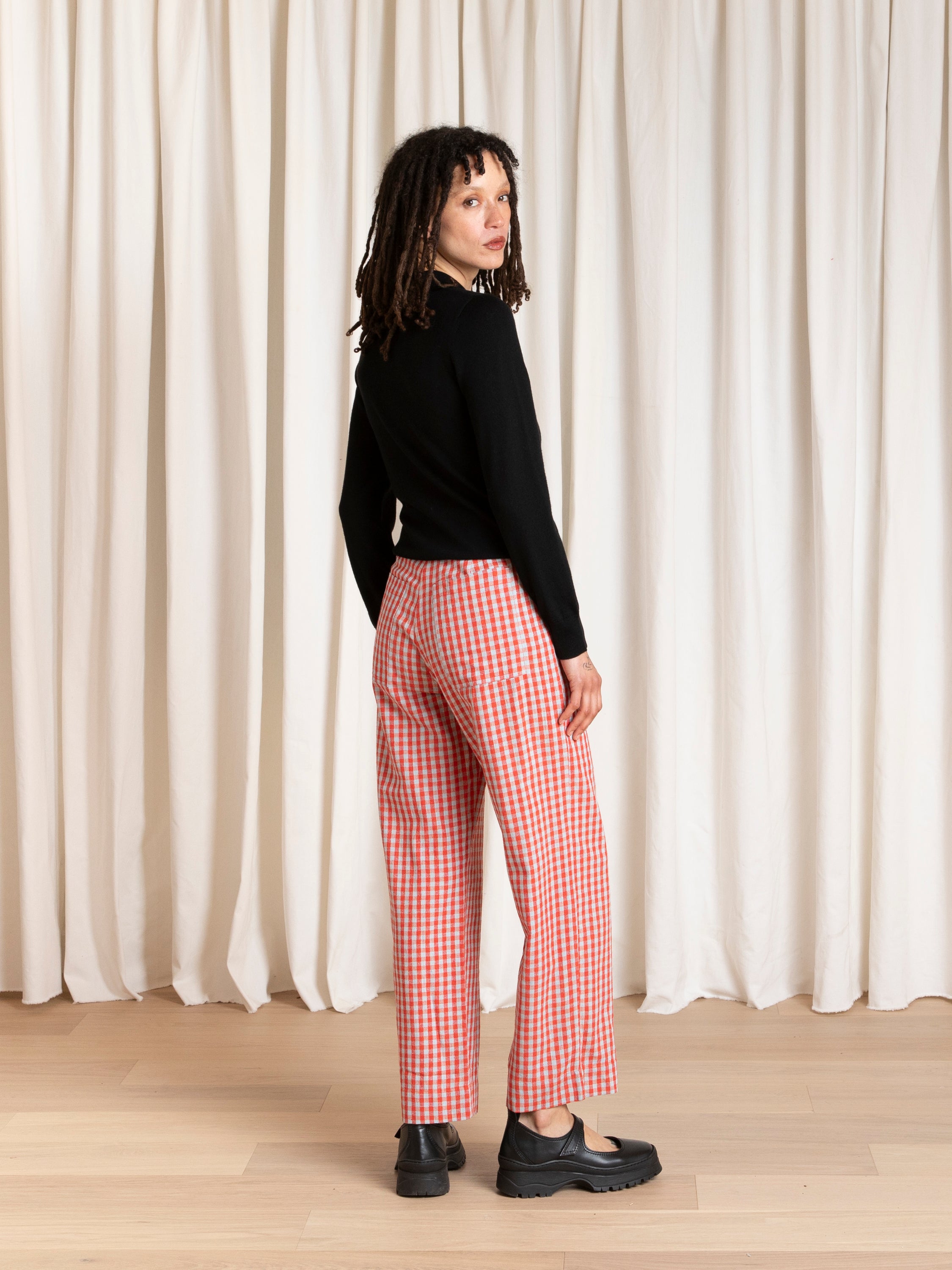 SILK FLY FRONT PANT W/ POCKETS - POPPY/FUCK ICE GINGHAM