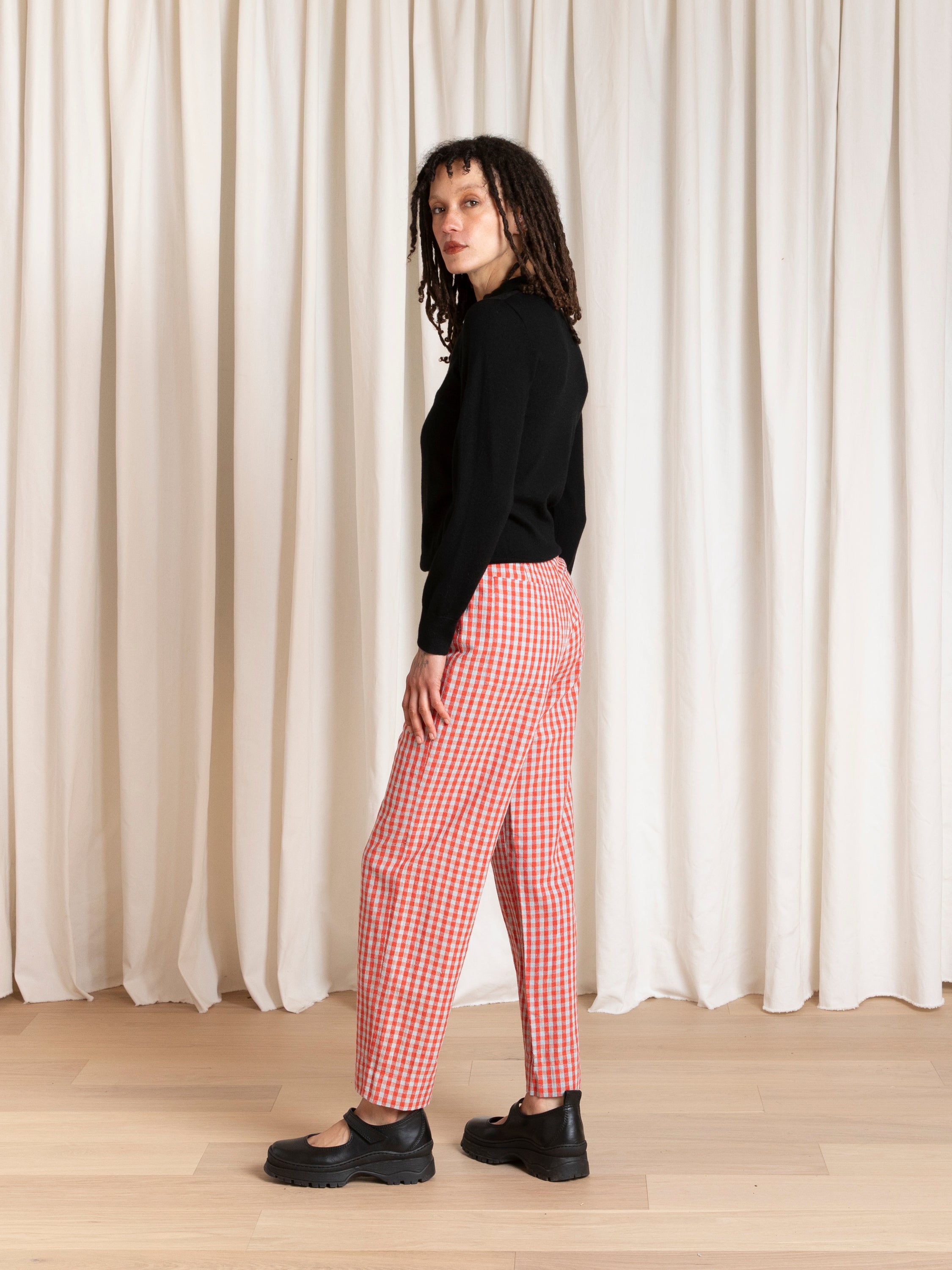 SILK FLY FRONT PANT W/ POCKETS - POPPY/FUCK ICE GINGHAM