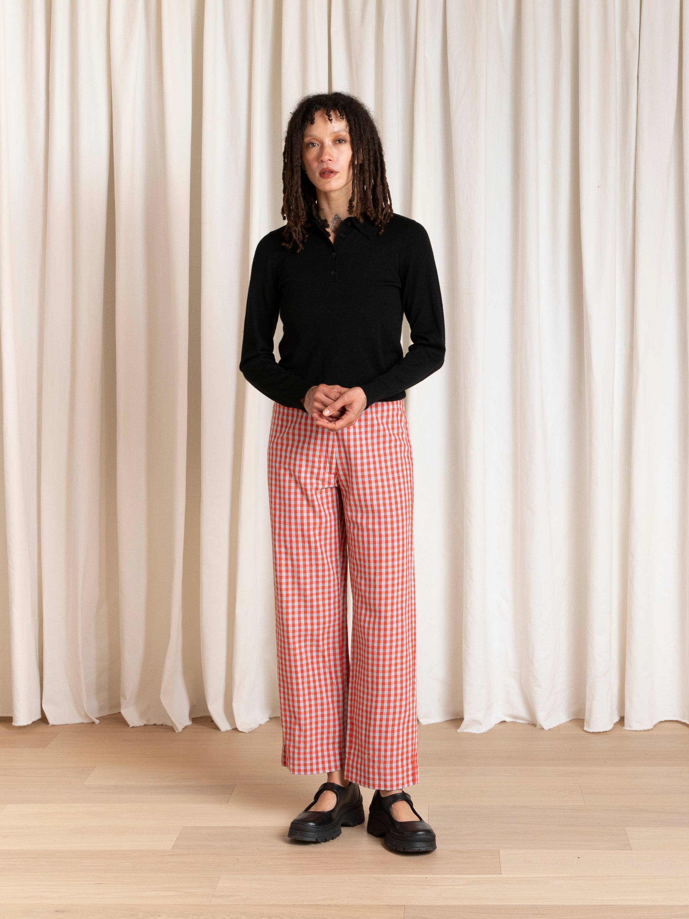 SILK FLY FRONT PANT W/ POCKETS - POPPY/FUCK ICE GINGHAM