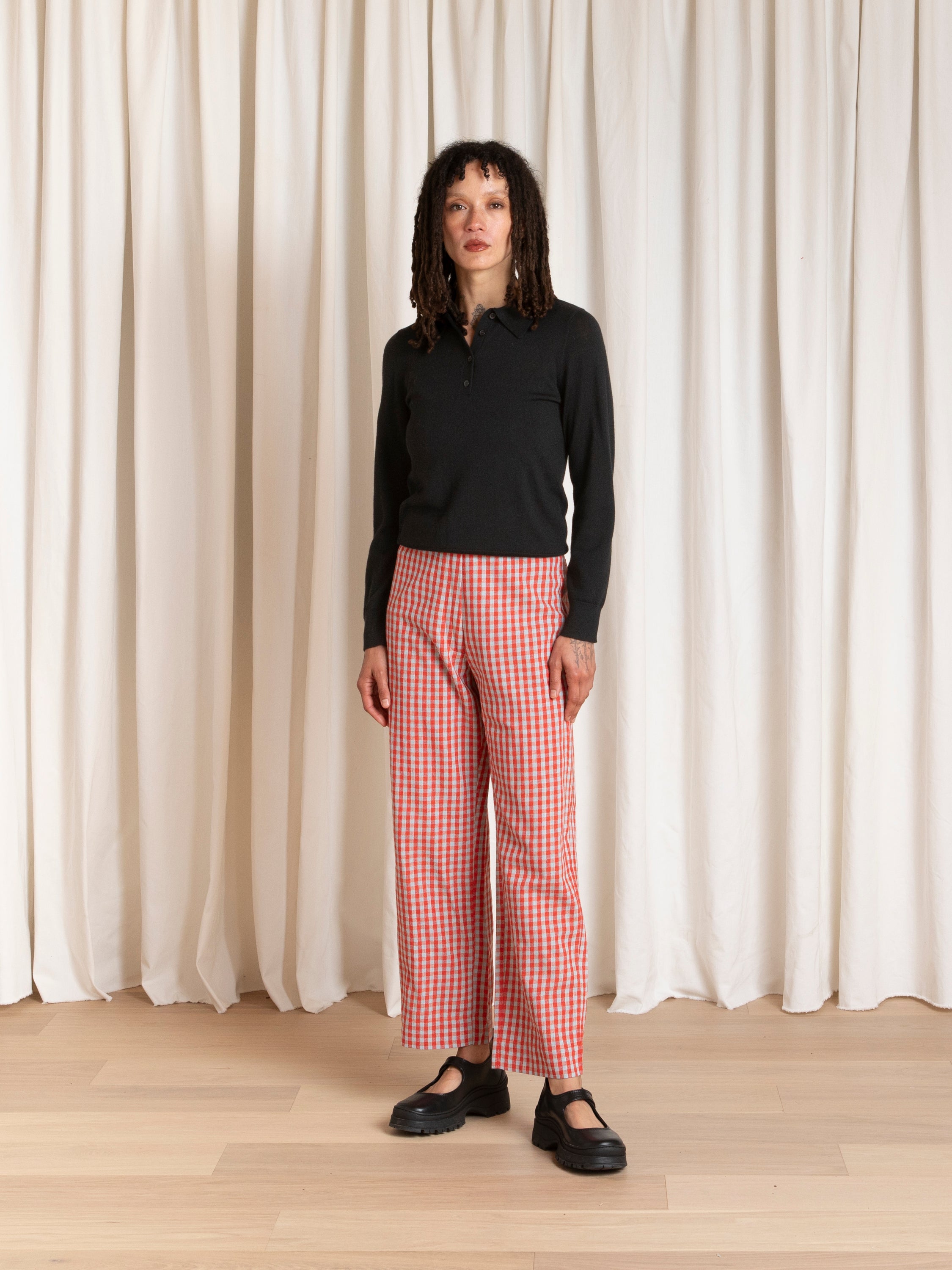 SILK FLY FRONT PANT W/ POCKETS - POPPY/FUCK ICE GINGHAM