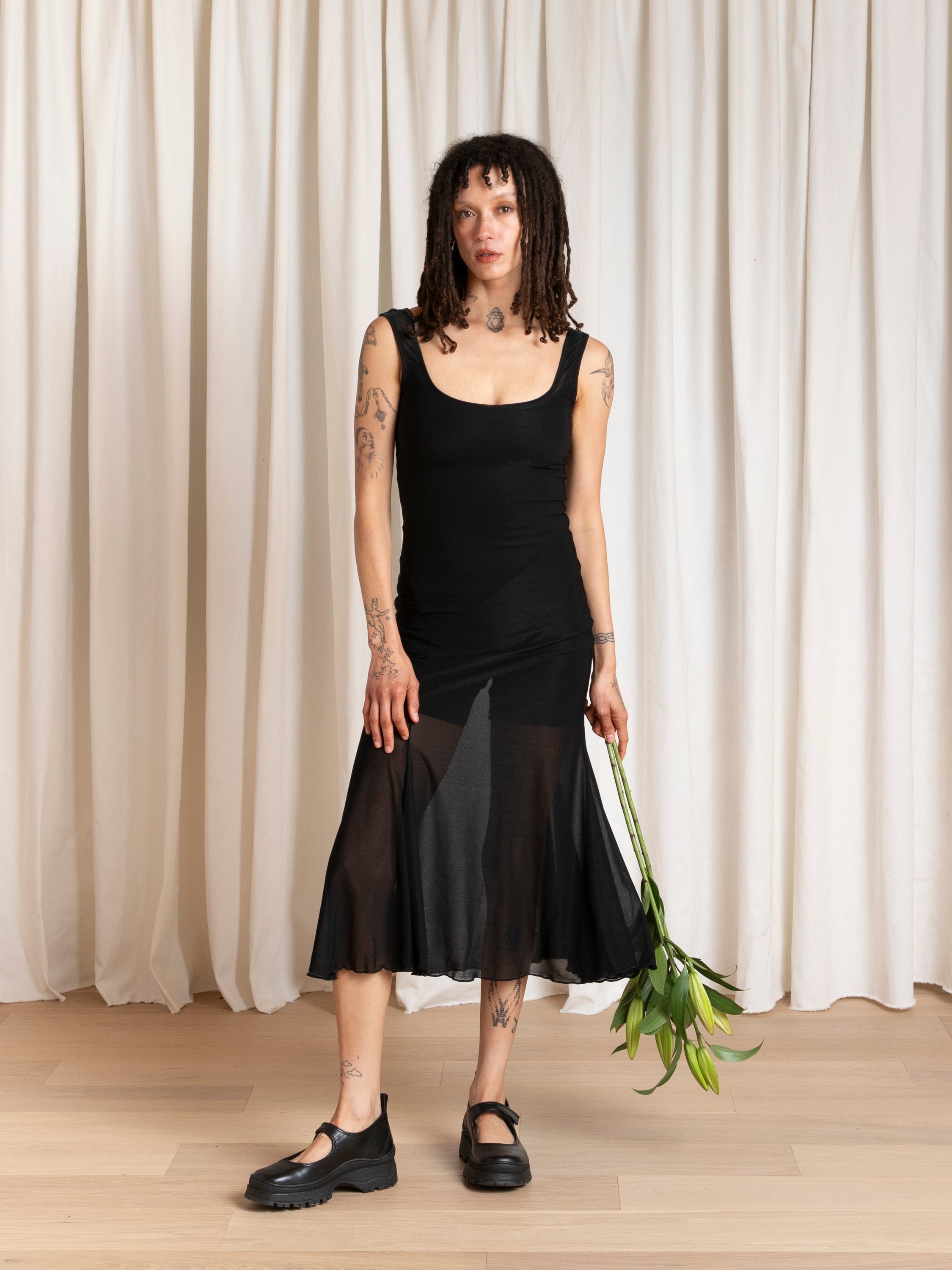 TANK DRESS W/ ASYMMETRICAL HEM - BLACK