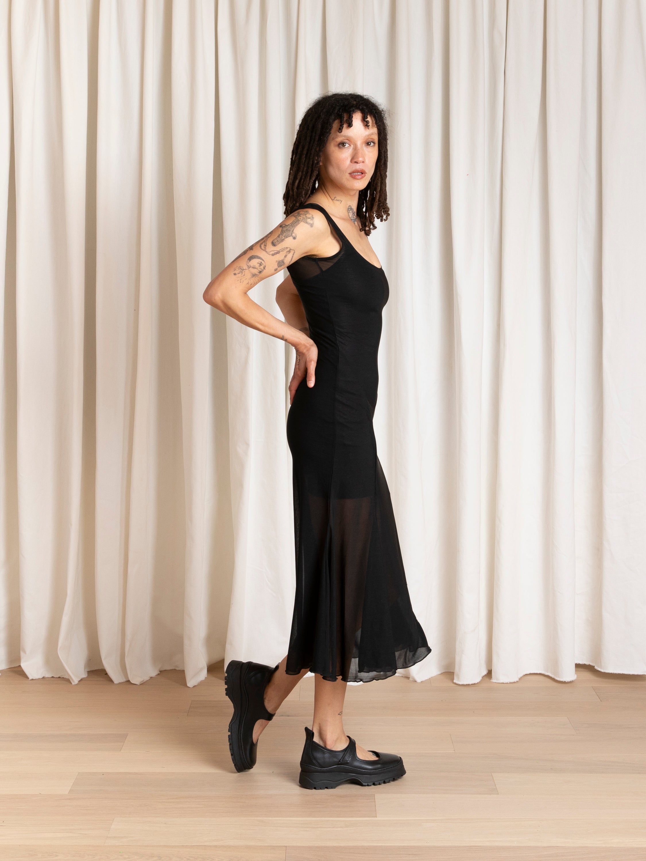 TANK DRESS W/ ASYMMETRICAL HEM - BLACK