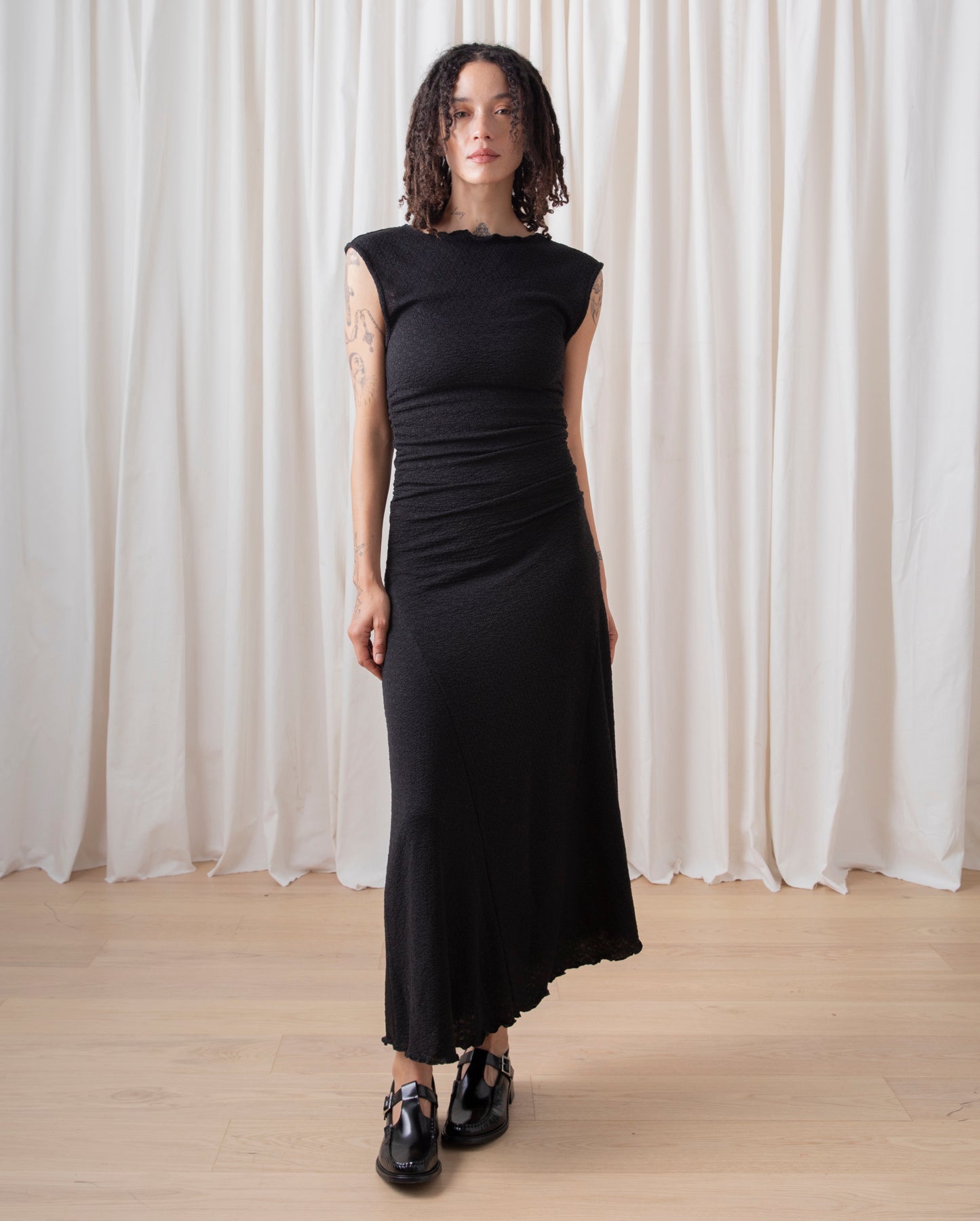 SAMPLE - HIGH NECK STRETCH DRESS - BLACK SEQUINS