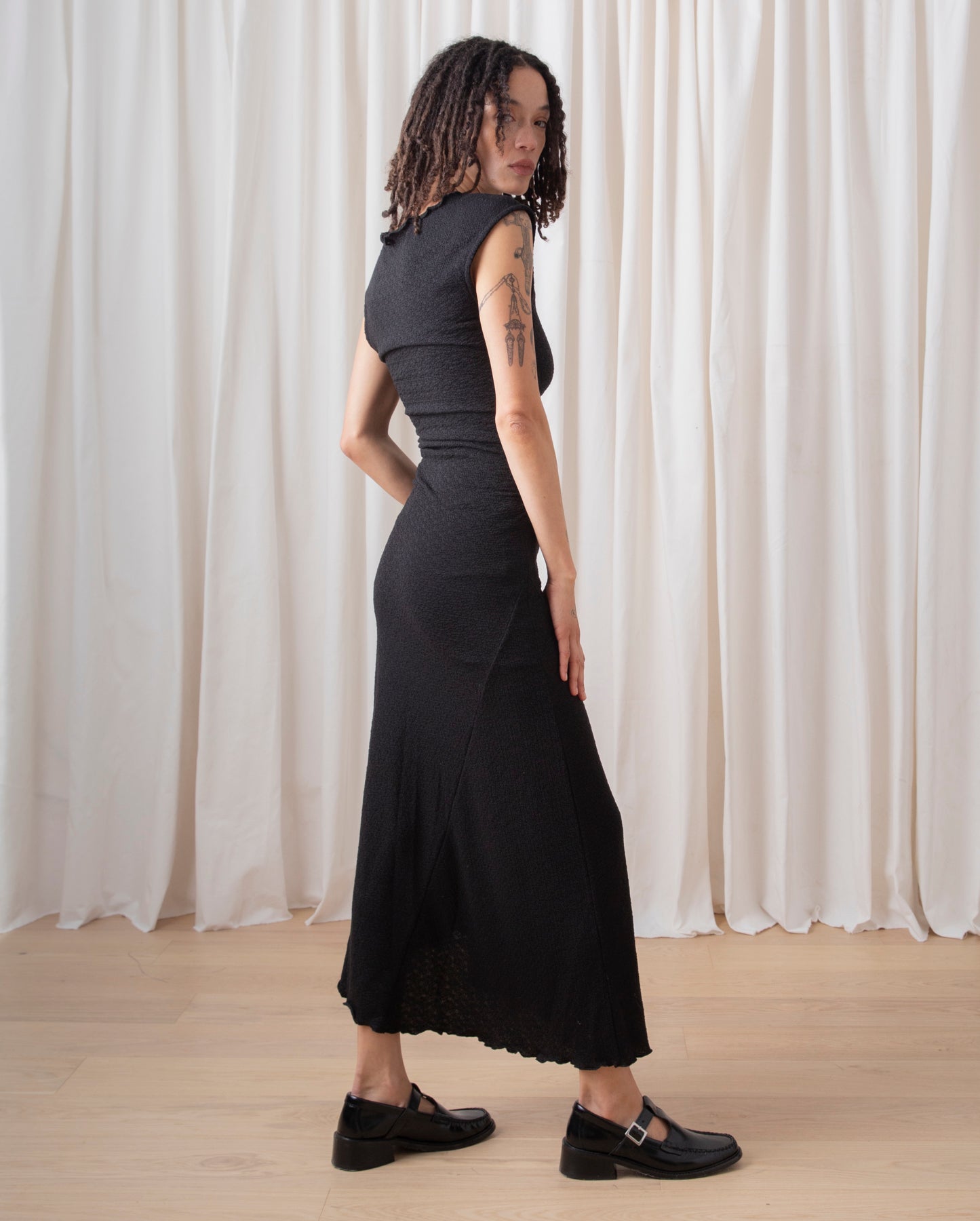 SAMPLE - HIGH NECK STRETCH DRESS - BLACK SEQUINS