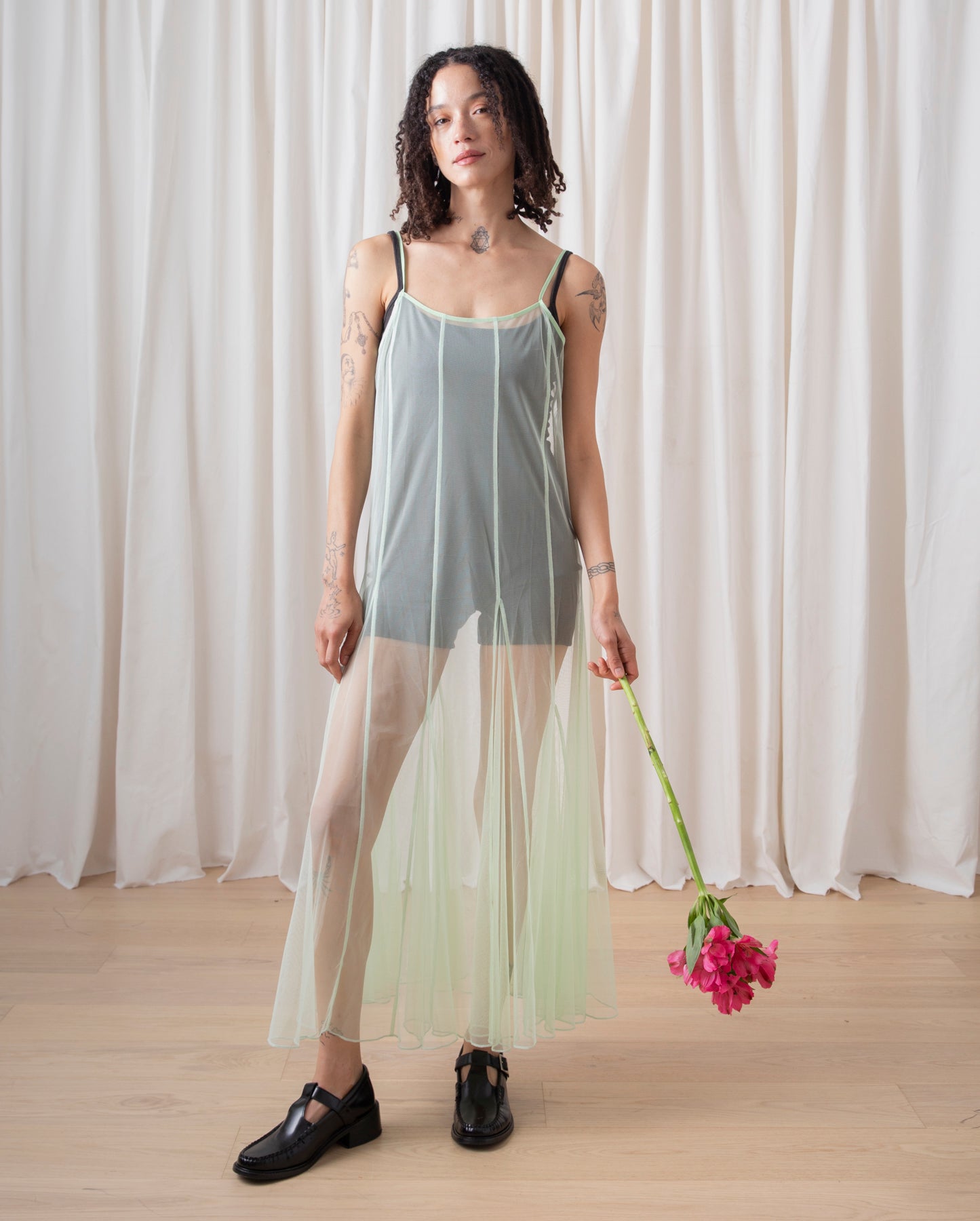 PANELED MESH DRESS - MINT